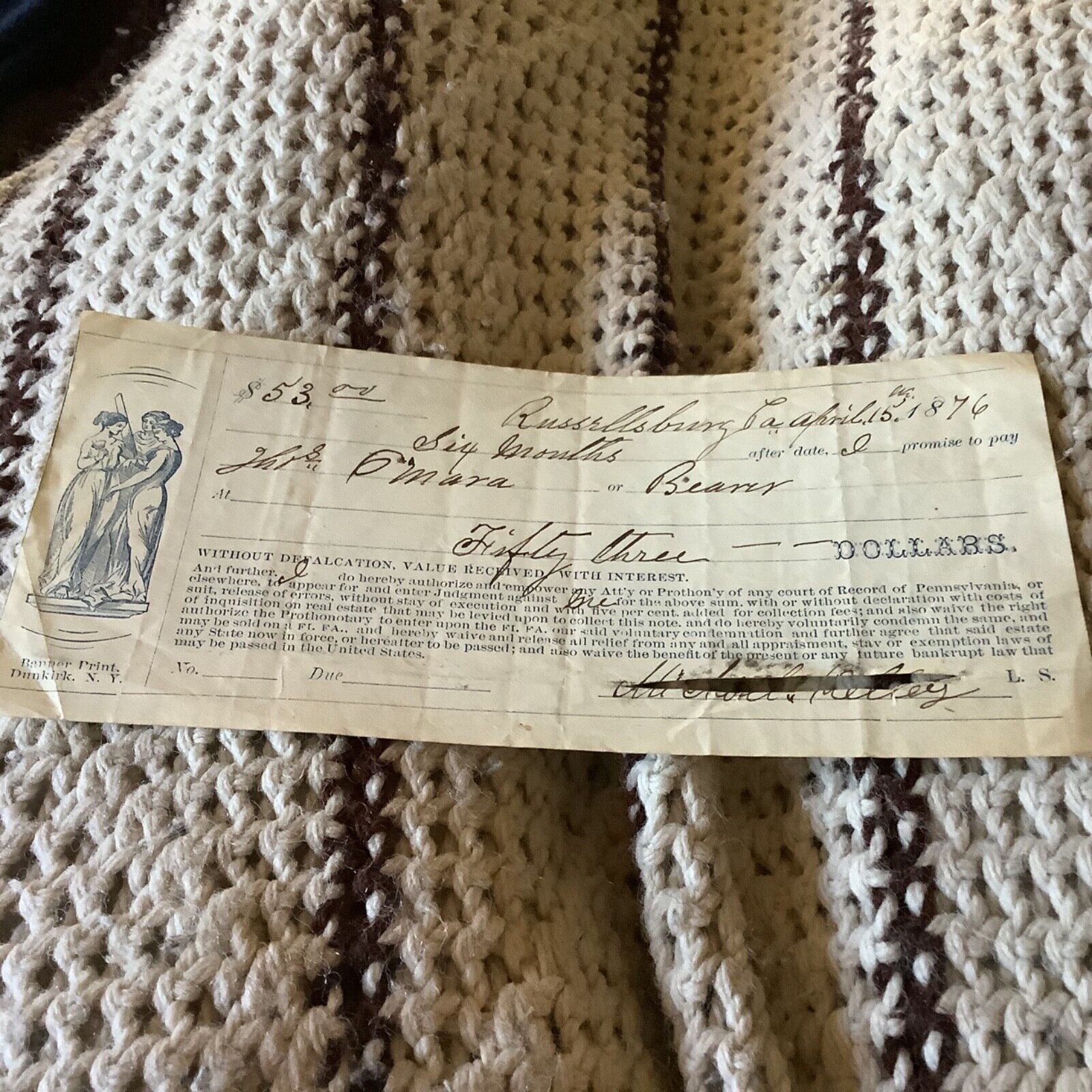 VINTAGE 1876 BEARER NOTE FOR $53.00 FROM RUSSELLSBURG,PA