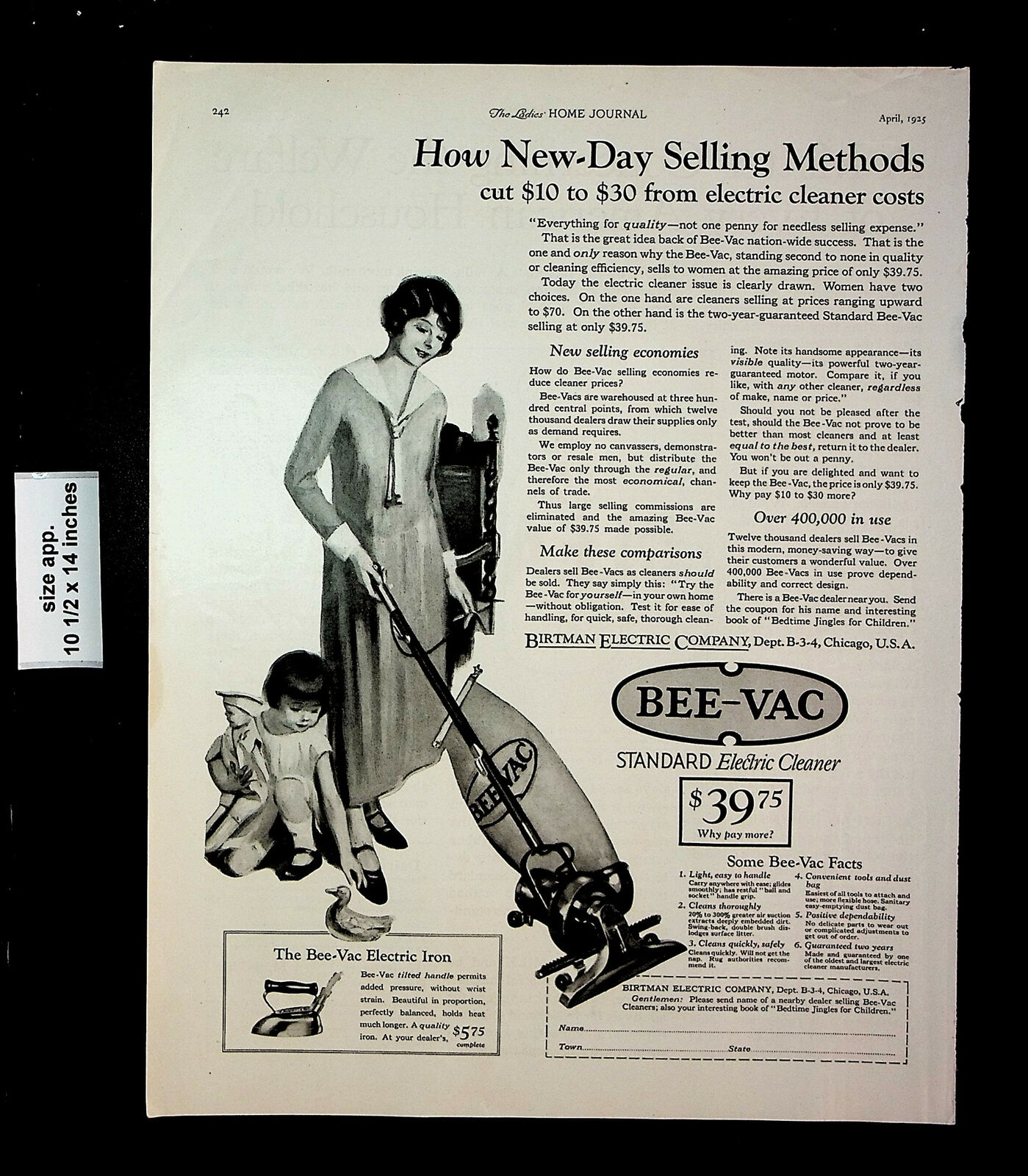 1925 Bee-Vac Electric Cleaner Vintage Print Ad 27781