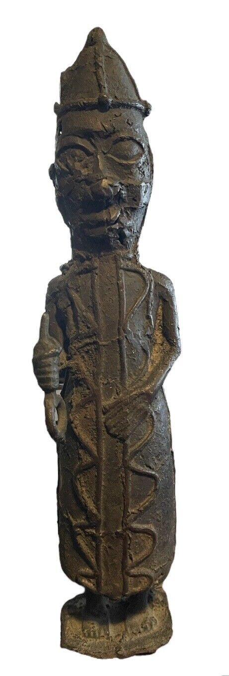 12” Antique African Benin Bronze Warrior King Statue Sculpture / Oba / Nigeria