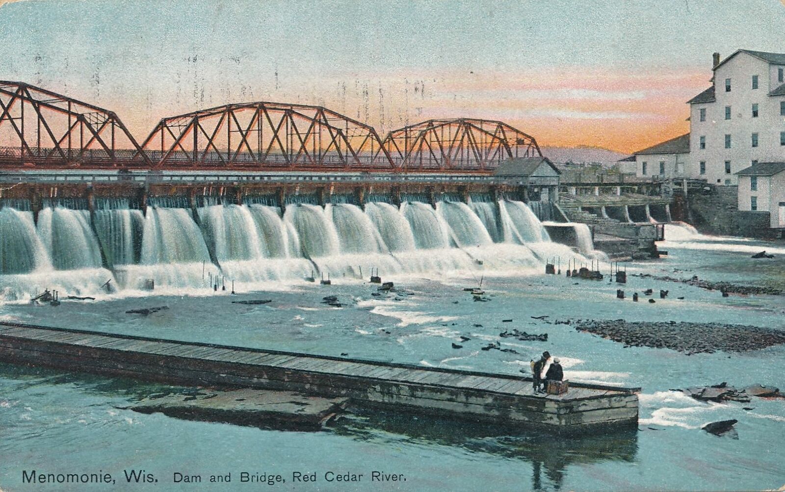 MENOMONIE WI - Dam and Bridge Red Cedar River - 1910