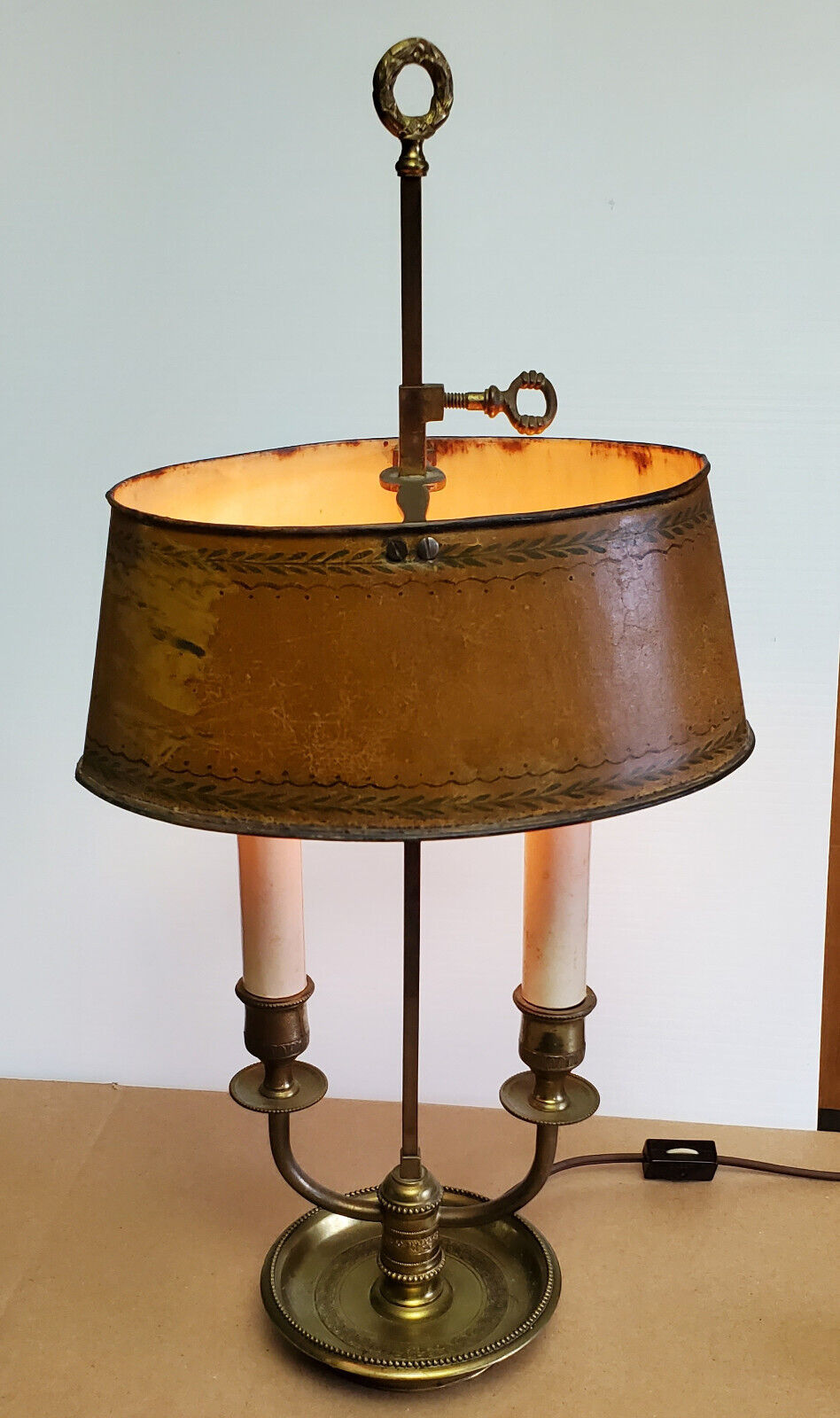 Antique Bronze French Bouillotte Lamp 2 Candle Budoir Table Lamp Tole Shade 