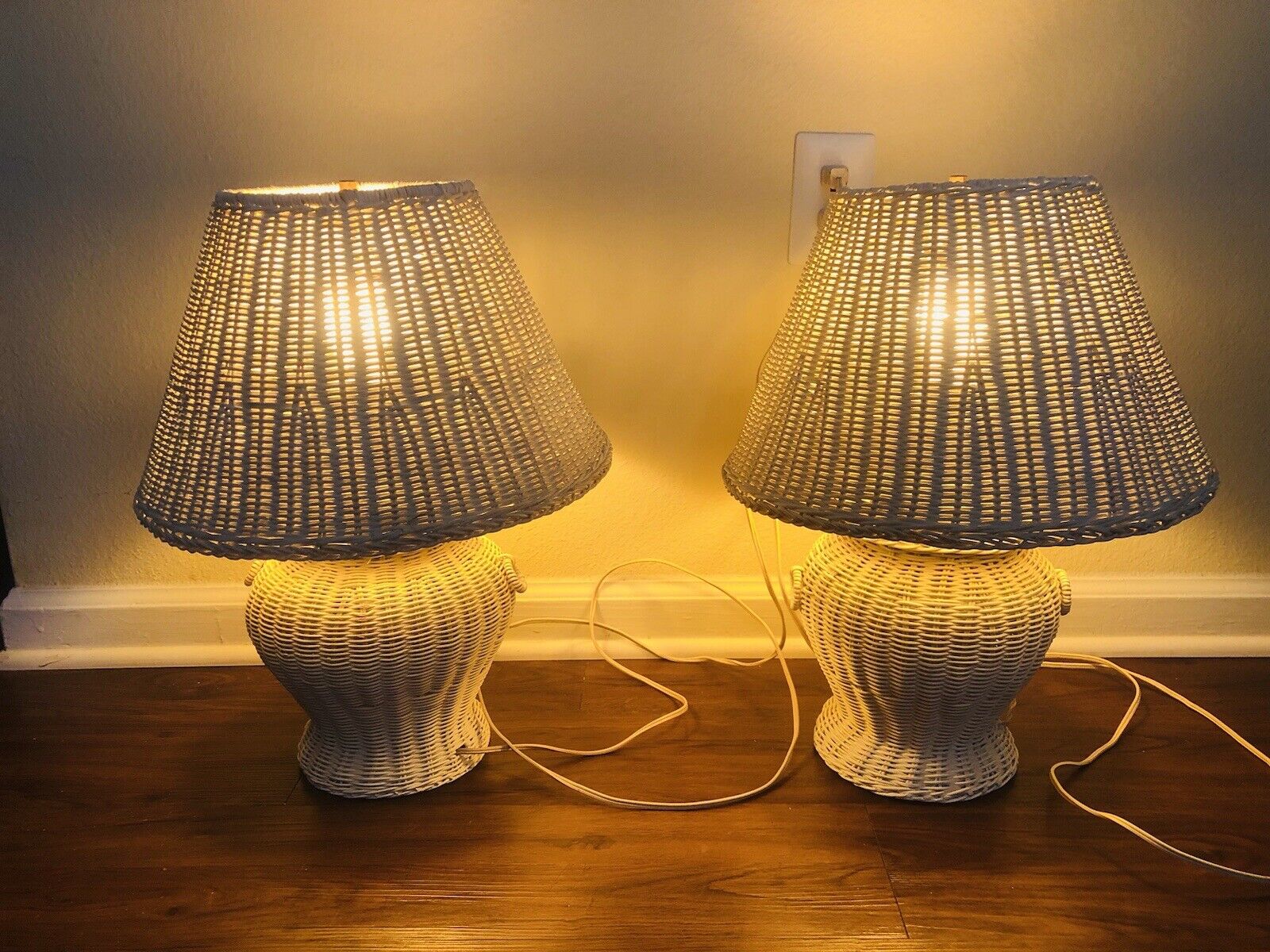 Pair Of Vintage '70-80s White Wicker Rattan Table Lamps With Shades 18” Boho