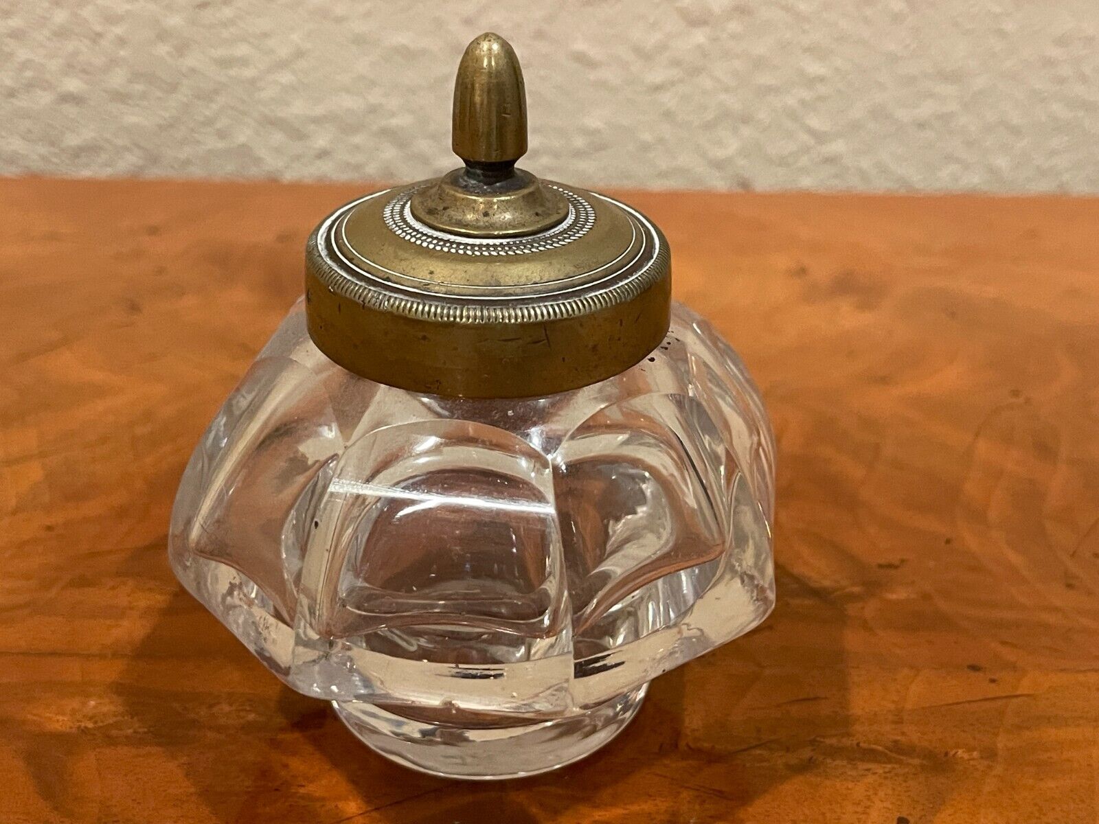 Antique Glass Ink Well with Brass Top