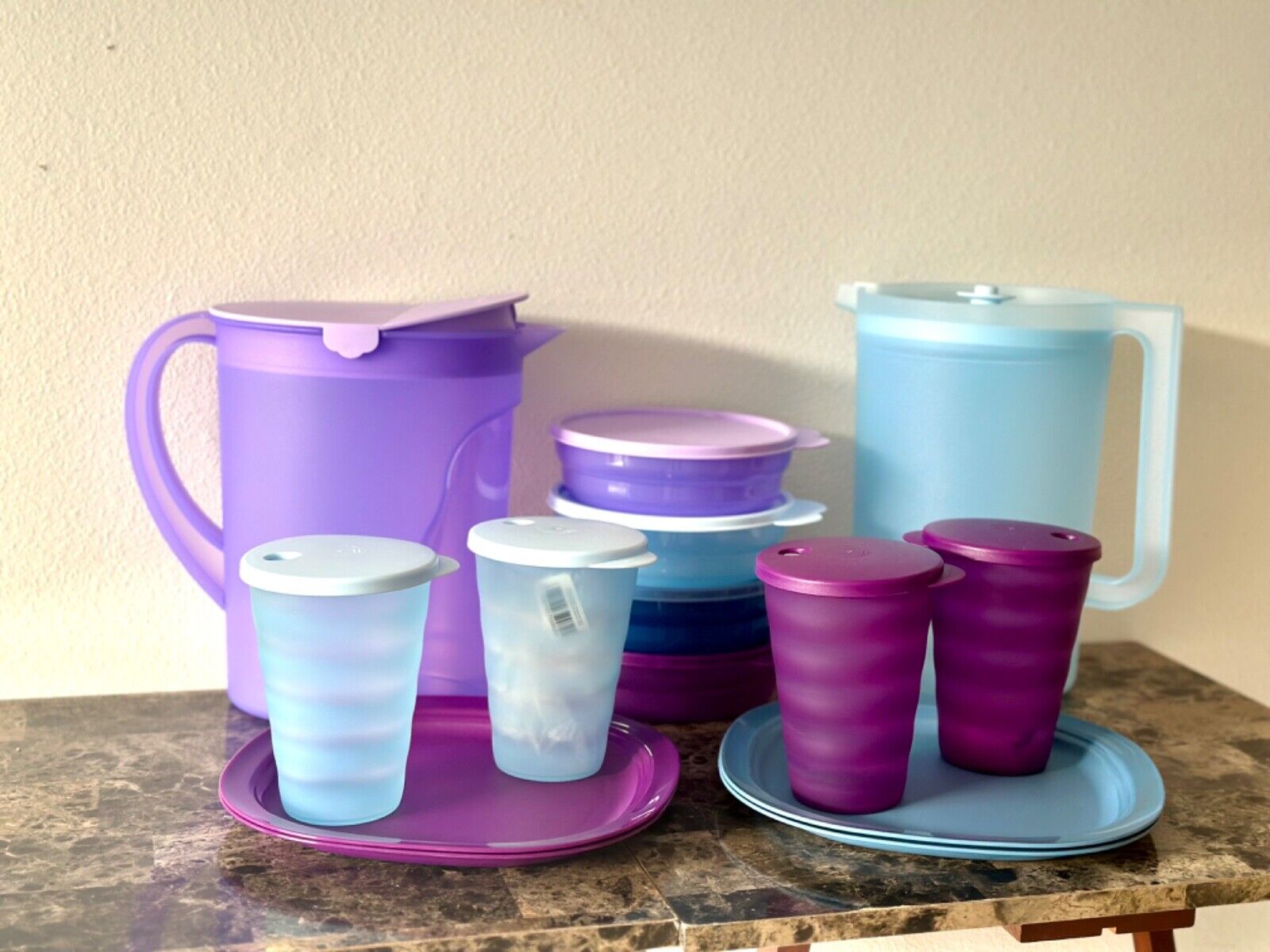 New 🆕 Tupperware Impressions Purple/Blue Serving 14 pc Set Pitchers/Cups/Plates