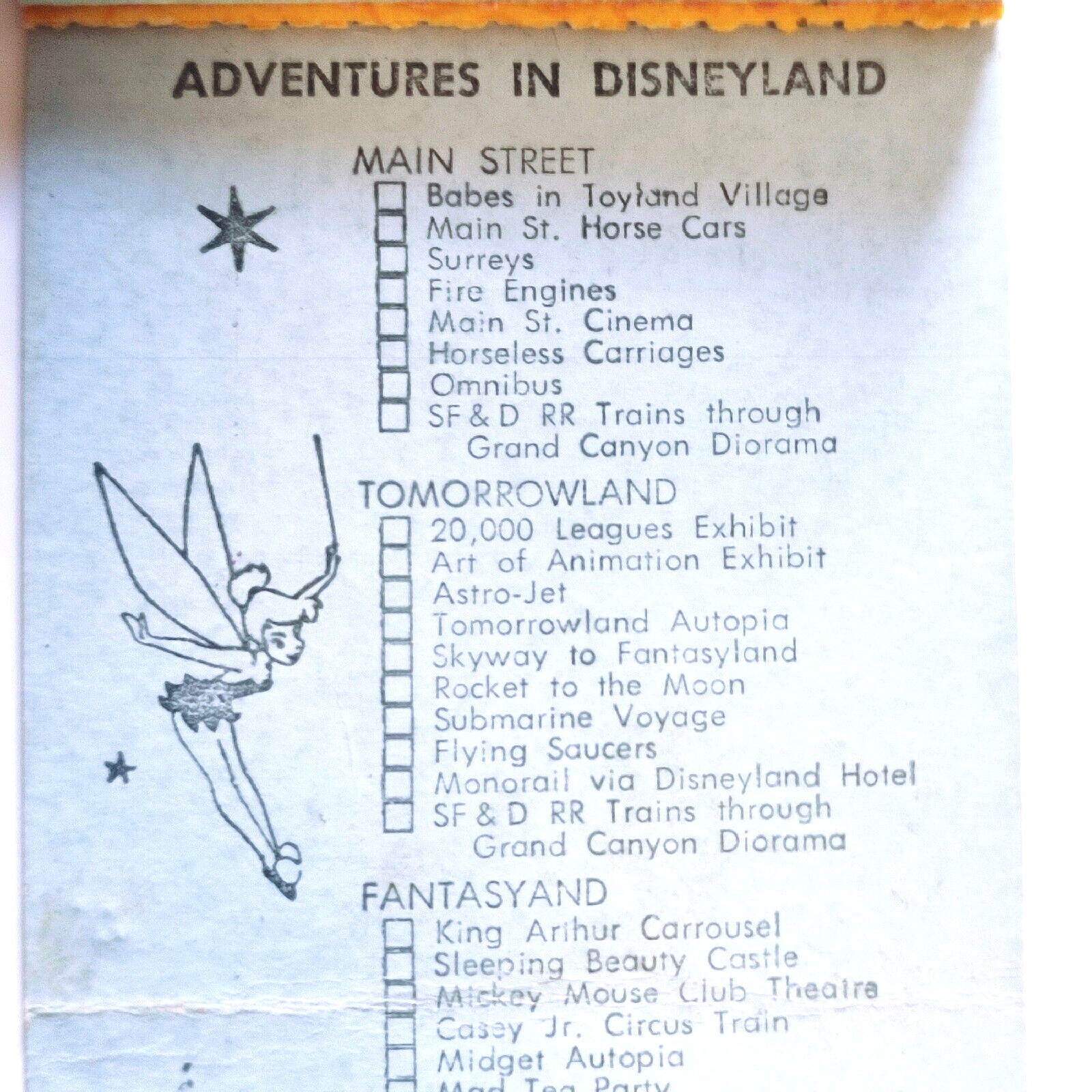 VTG Disney Ticket Book Rare ERROR FANTASYLAND  1960s Tinker Bell Collectible MCM