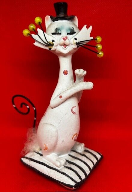 Vintage Whimsical Fanciful Dressup White Cat Kitten Sitting on Pillow Figurine