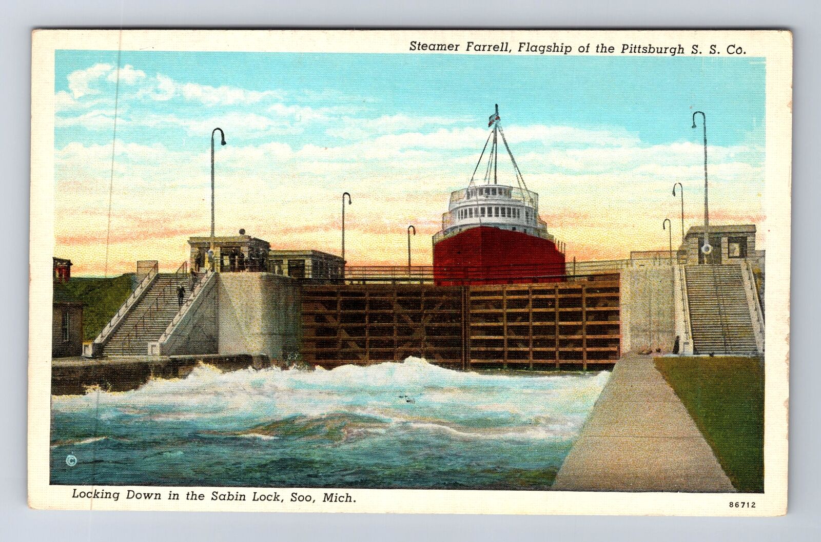 Soo MI-Michigan, Locking Down Sabin Lock, Steamer Farrell, Vintage Postcard