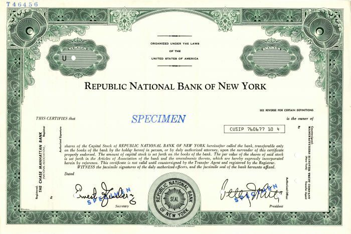 Republic National Bank of New York - Specimen Stocks & Bonds