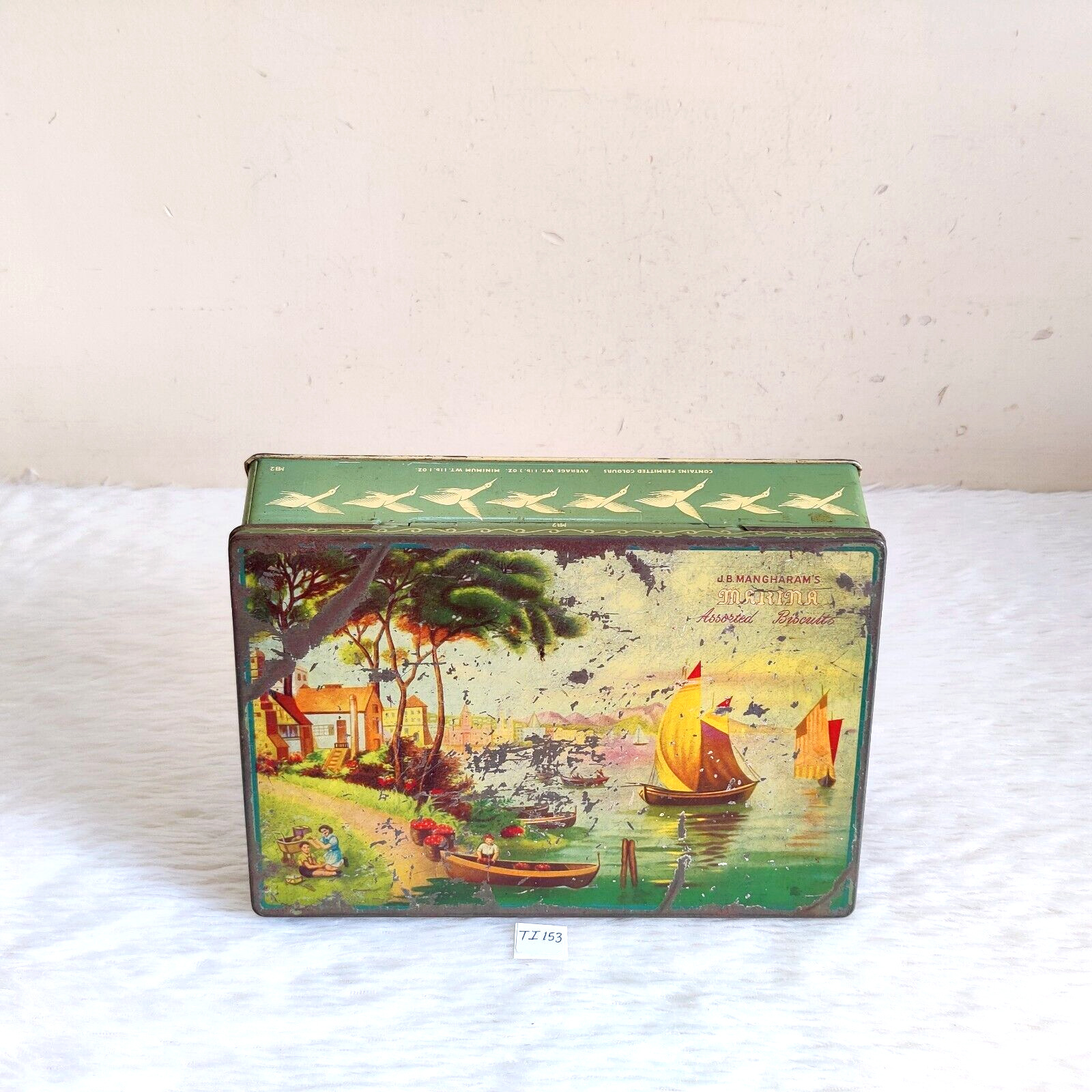 1950s Vintage Sea Boat Nature Graphics JB Mangharam Confectionery Tin Old TI153