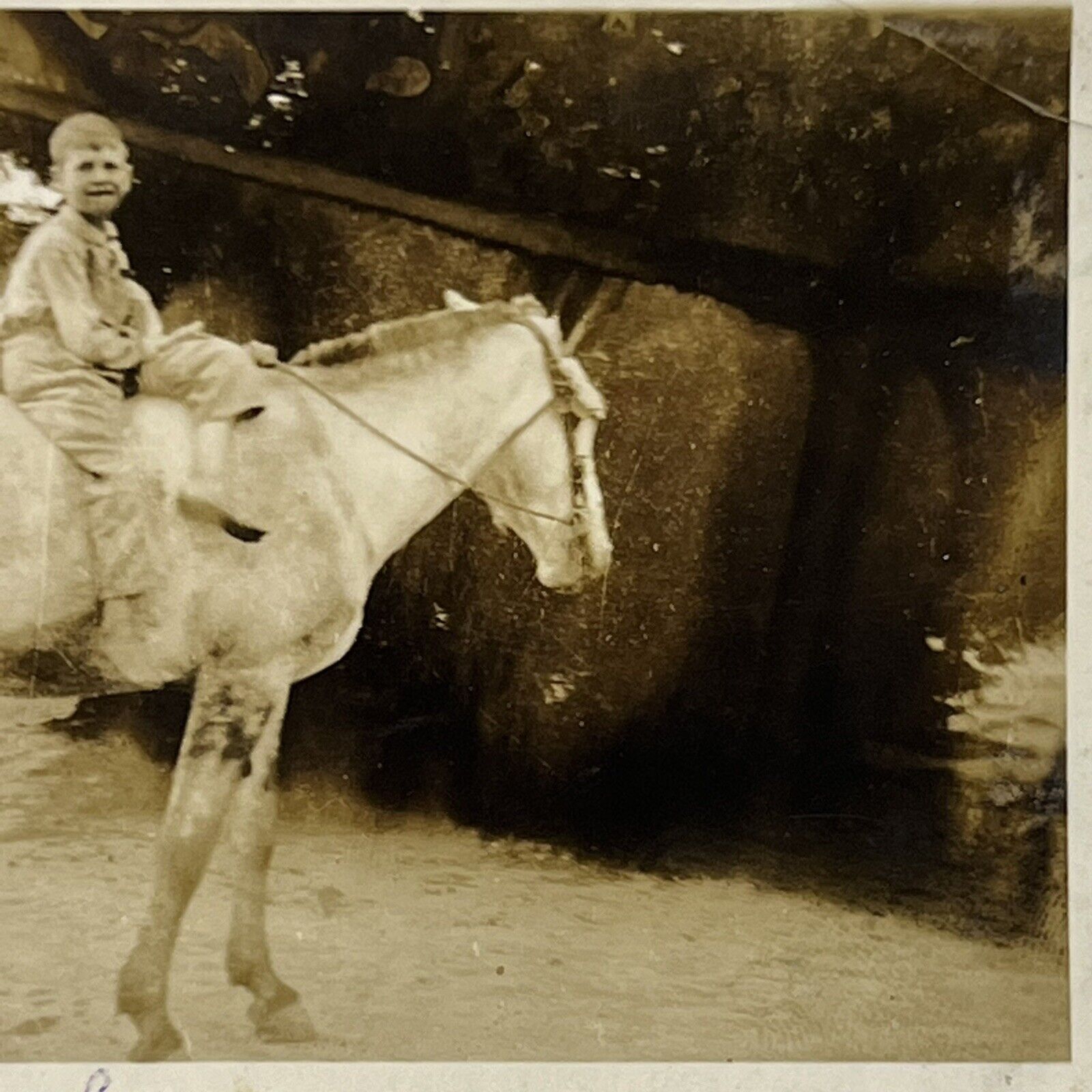 Unusual Weird ID’d Boy On Horse Damaged Snapshot Blurry Vintage Photo Anomaly