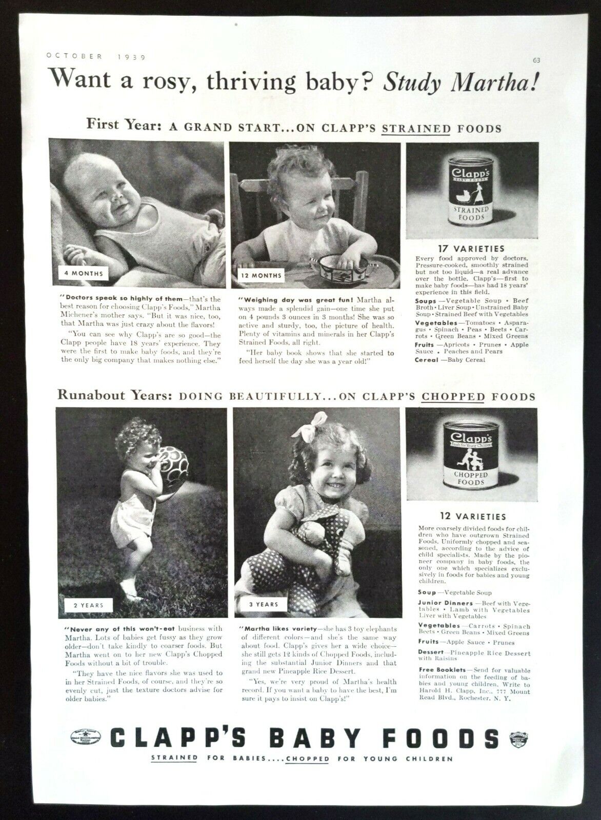 1939 CLAPP'S BABY FOOD Strained Chopped Foods Vegetables Fruit Print Ad