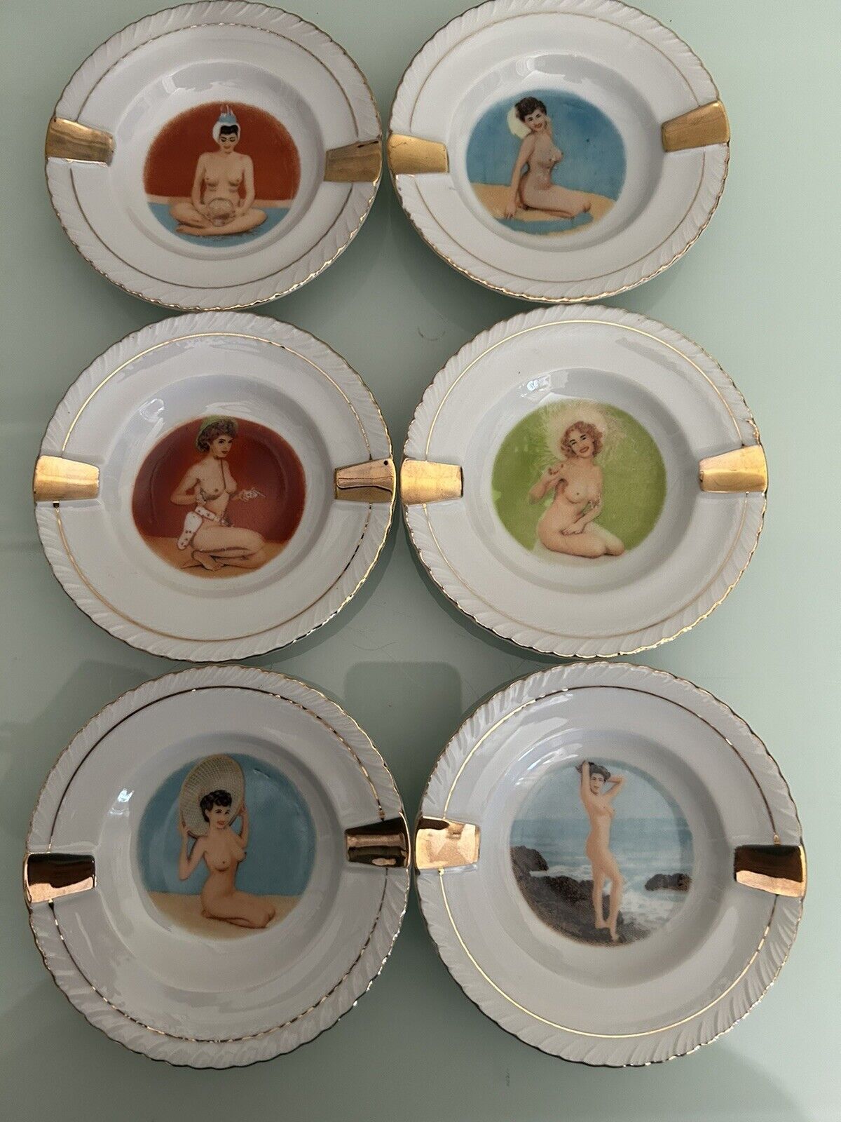 6 Vintage Japan Risque Nude Naked Lady Ceramic Ashtray Ash Tray With Gold Trim