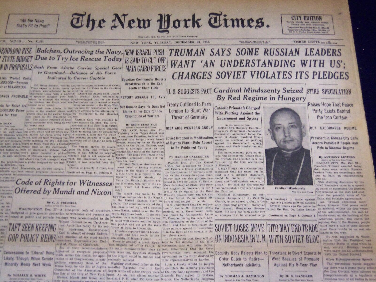 1948 DECEMBER 28 NEW YORK TIMES - CARDINAL MINDSZENTY SEIZED - NT 3761