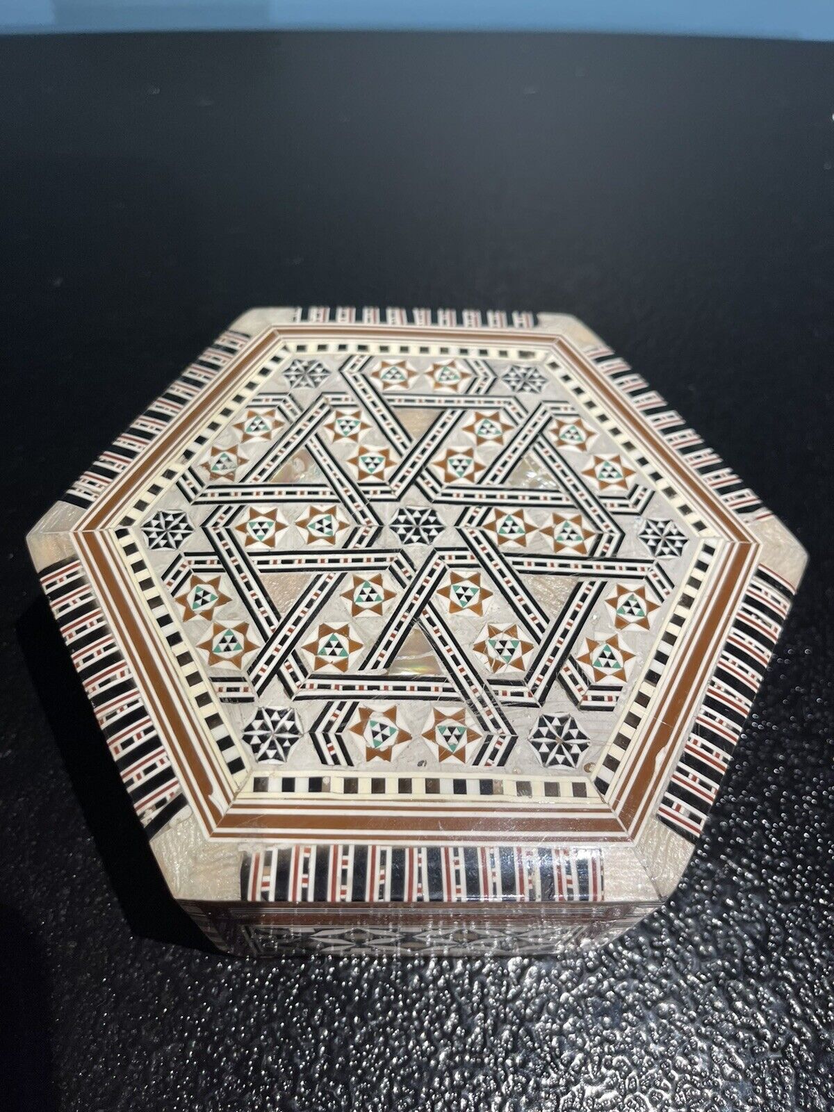 Vintage Egyptian Handmad Wood Jewelry Trinket Box Mosaic Inlaid Mother of Pearl