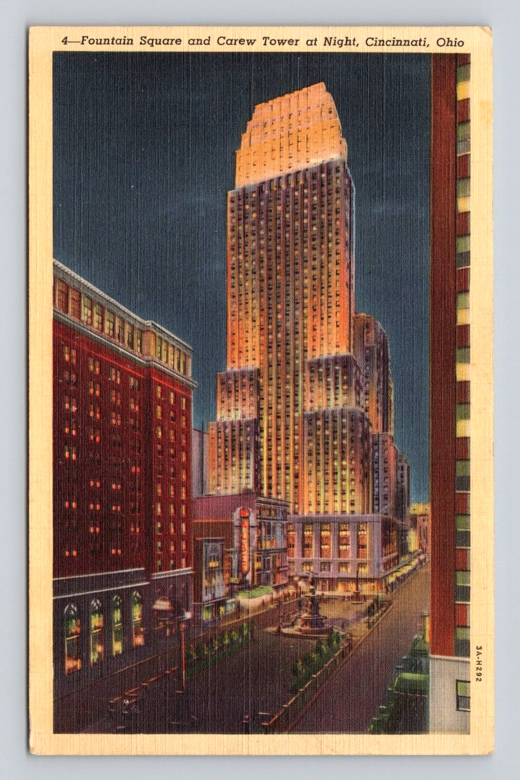 Postcard Fountain Square Carew Tower Night View Cincinnati Ohio OH Building 205
