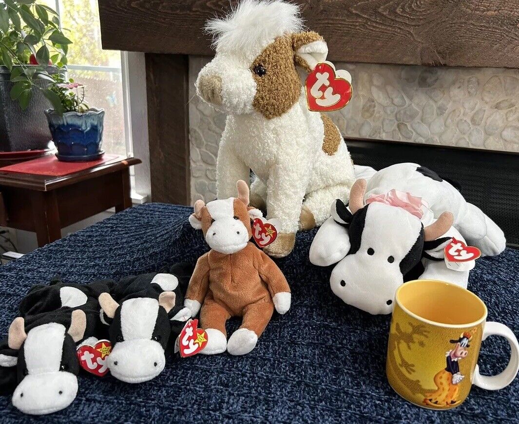Rare Ty 1994 Classic PVC Cow Collection With Vintage Disney Cup.