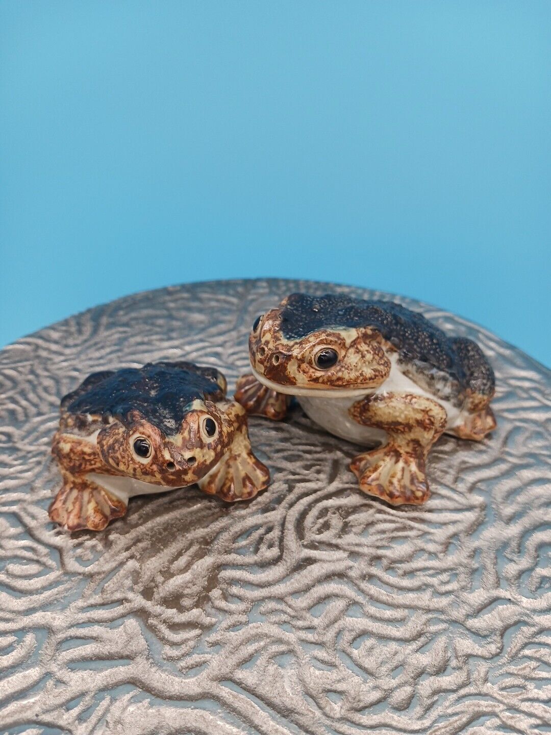 2 Realistic Glazed Stoneware Frog Figurines