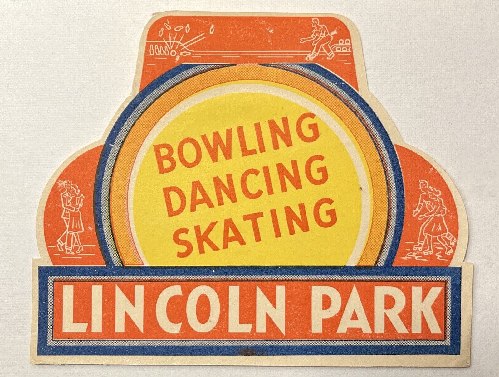 VINTAGE 1940’s LINCOLN PARK DARTMOUTH MA BOWLING DANCING ROLLER SKATING DECAL