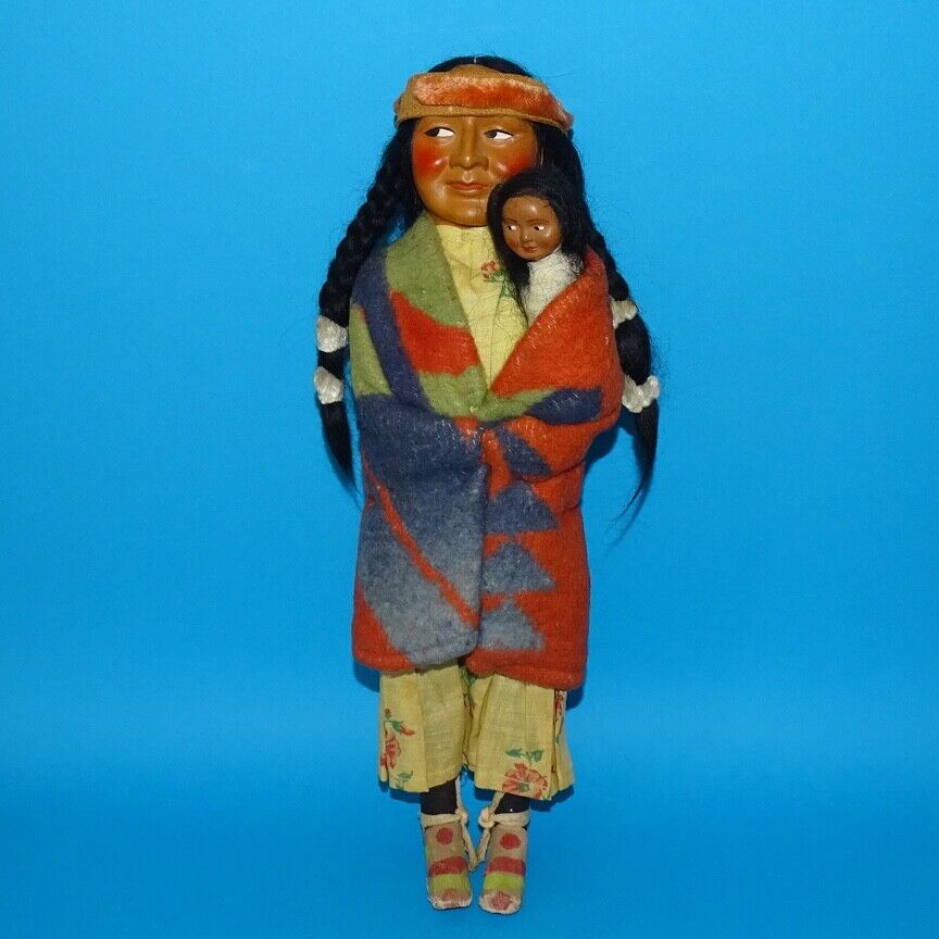 1930-40s Tall Skookum Bully Good Native American Doll w/Papoose Child 13.5”