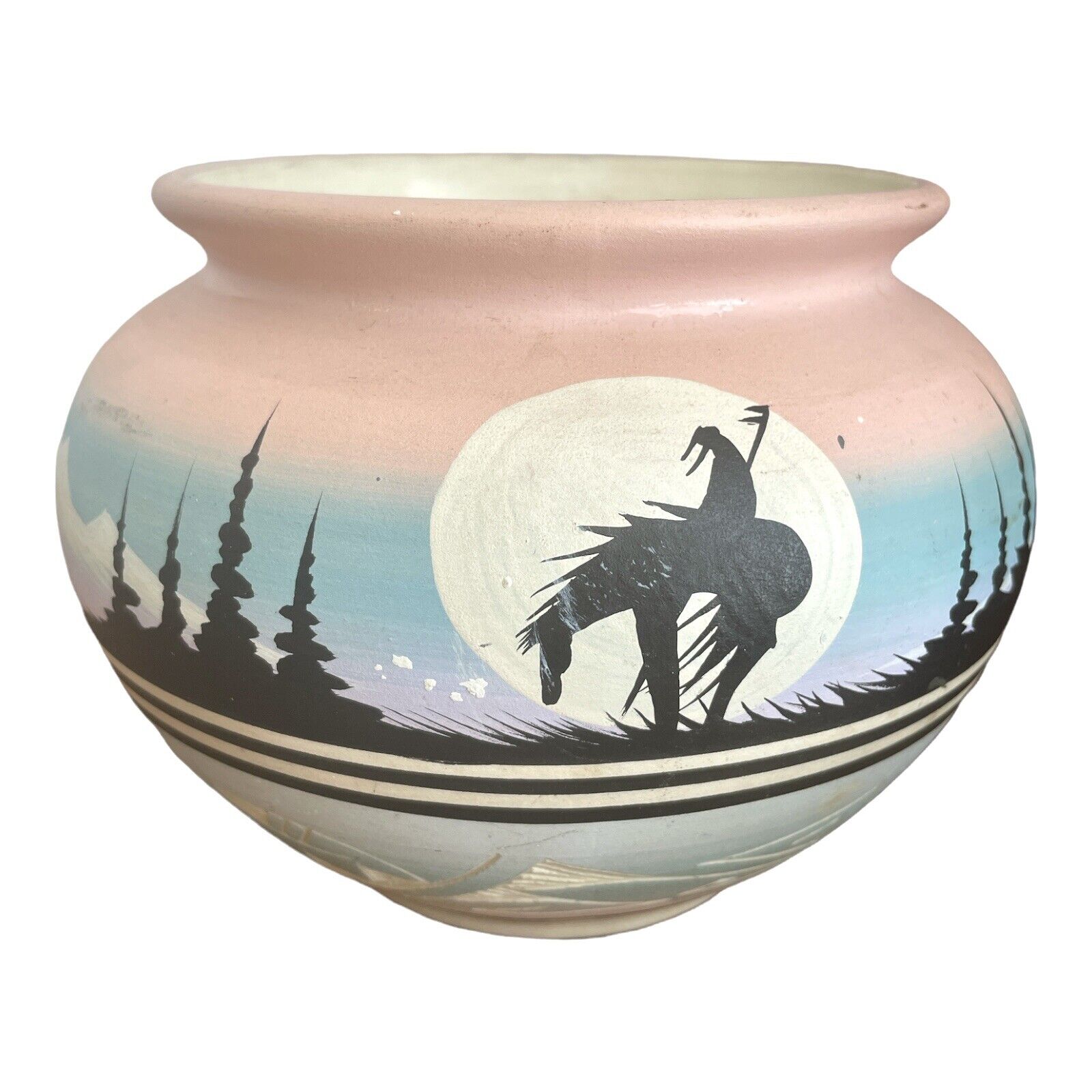 Navajo Etched Pottery Signed Vase Southwestern Sunset Weary Warrior
