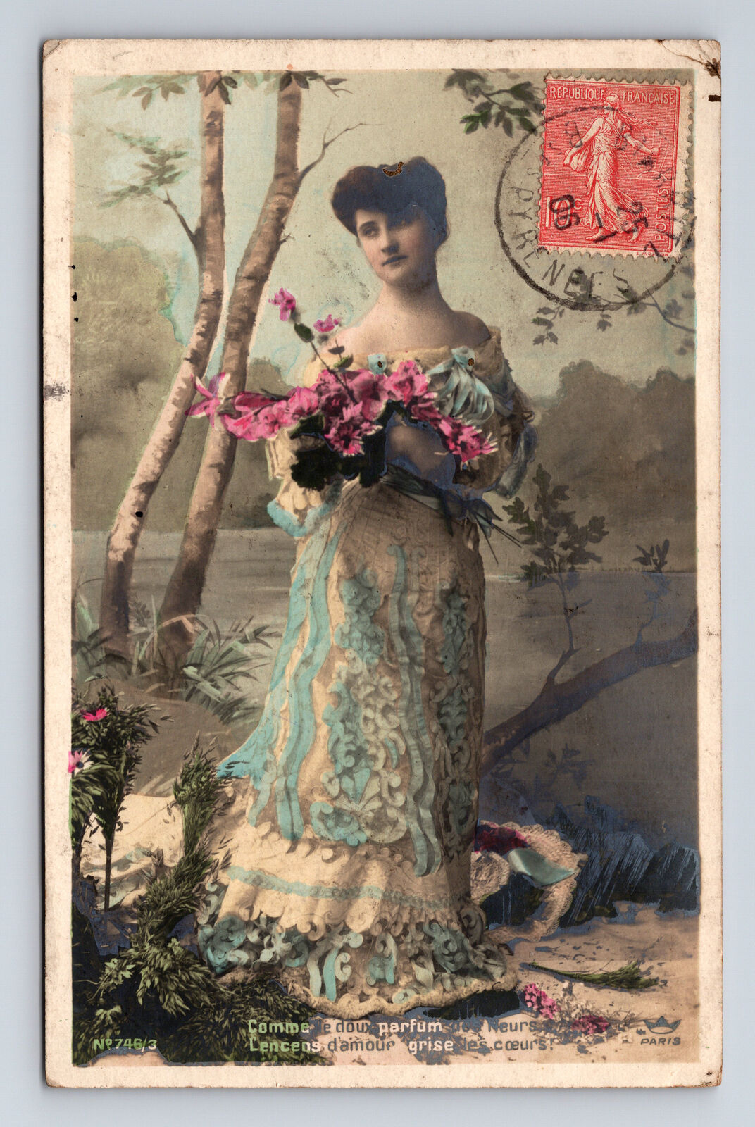 c1906 RPPC French Portrait of Beautiful Woman Flowers Hand Colored Postcard