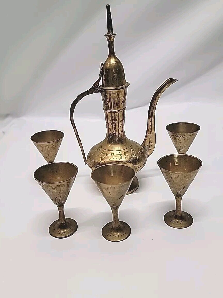 Vintage India Decorative Etched Brass Dallah Style 6- Piece Tea set
