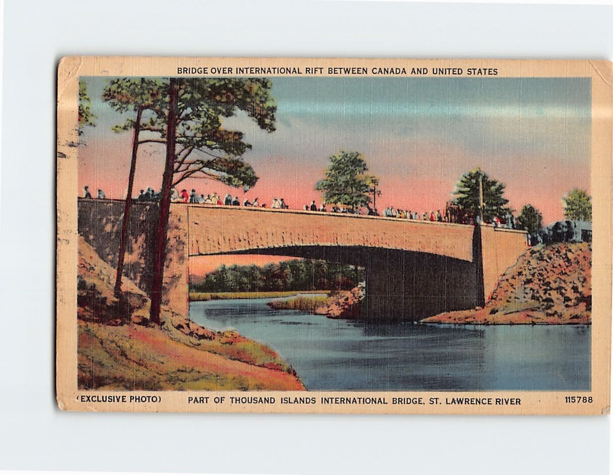 Postcard Bridge Over International Rift Span St. Lawrence River USA-Canada