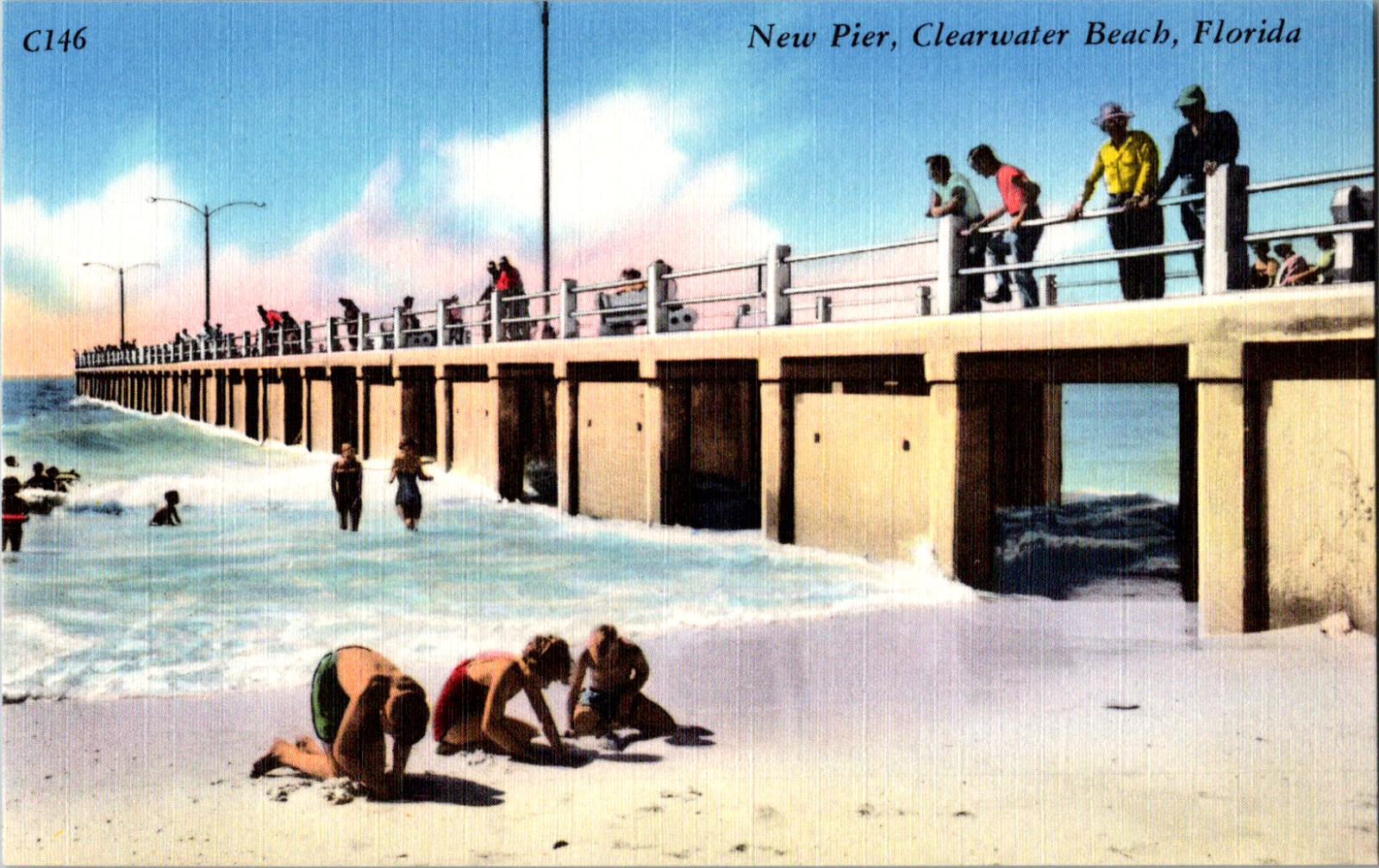 Vintage 1940s Children Sand Surf New Pier Clearwater Beach Florida FL Postcard 