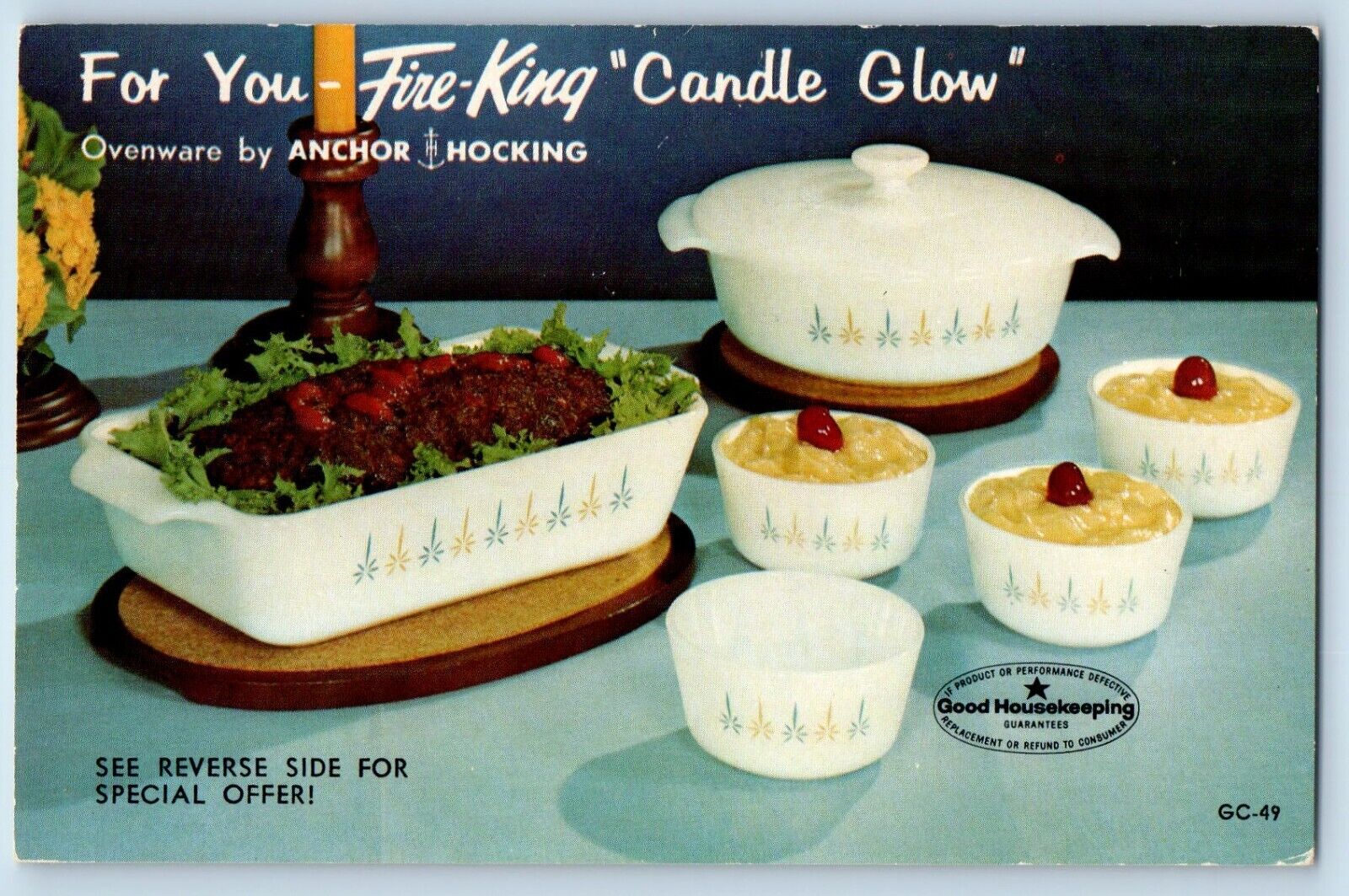 Postcard Fire King Candle Glow Anchor Hocking Cookware Advertising c1960 Vintage