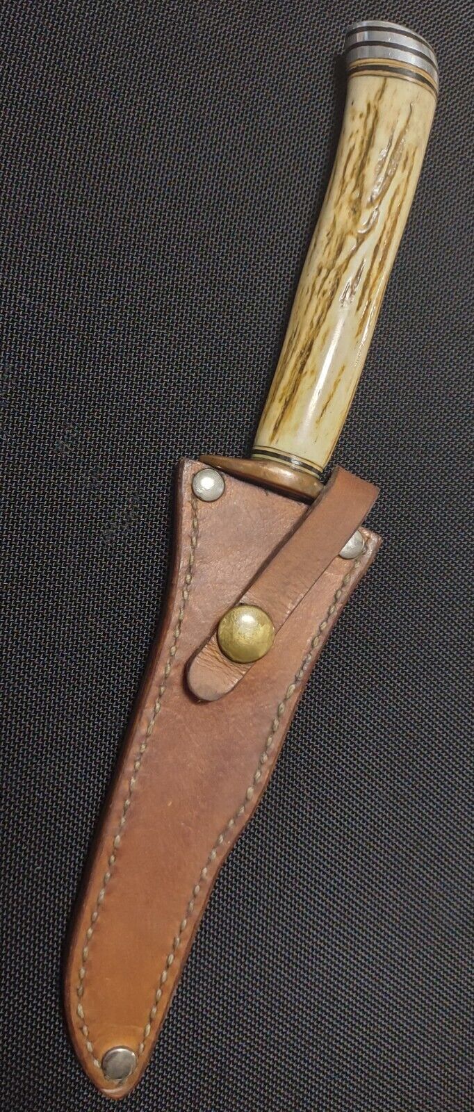 Vintage Stag Handle Fighting Knife, Bowie, Copper Double Guard, W/Leather Sheath