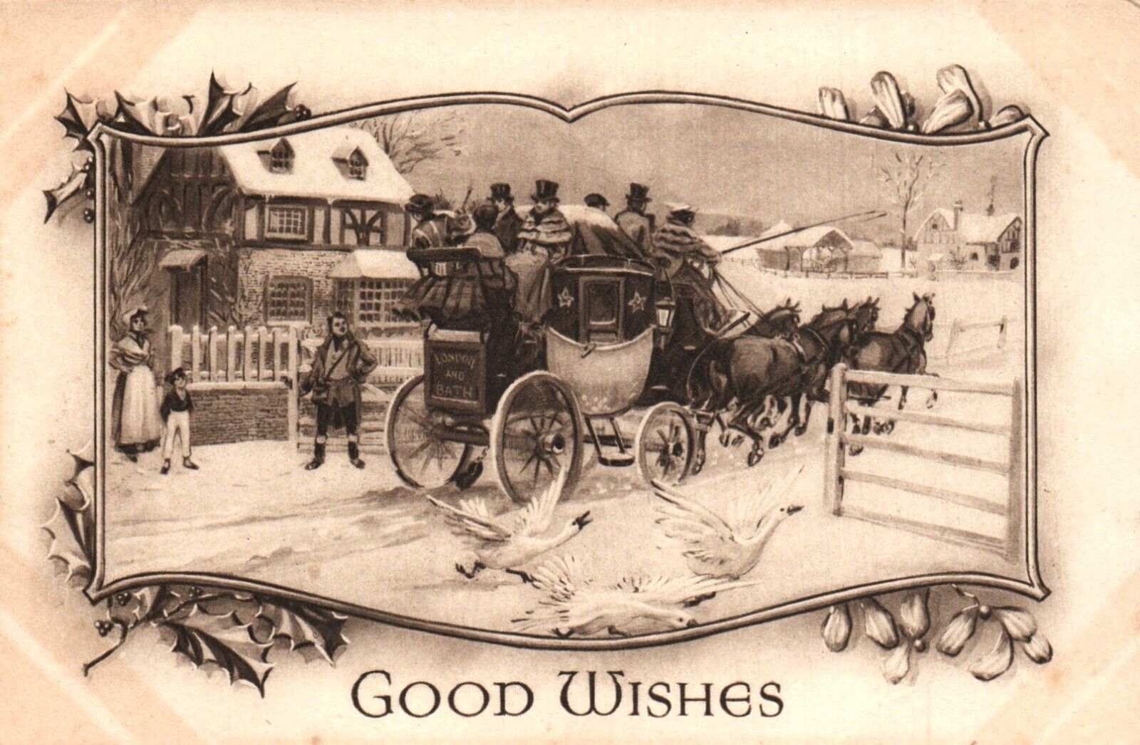 Vintage Christmas Greetings Postcard - Good Wishes c1918,  Horse and Carriage