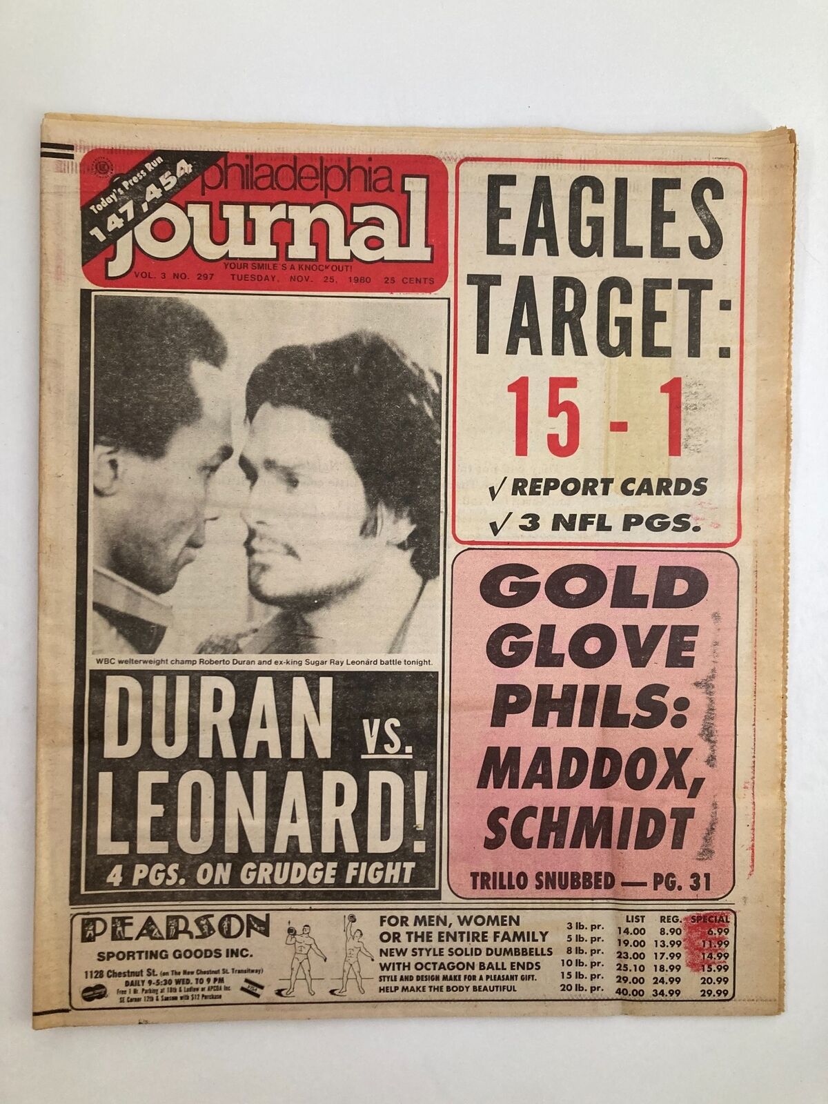 Philadelphia Journal Tabloid November 25 1980 Vol 3 #297 Roberto Duran Sugar Ray