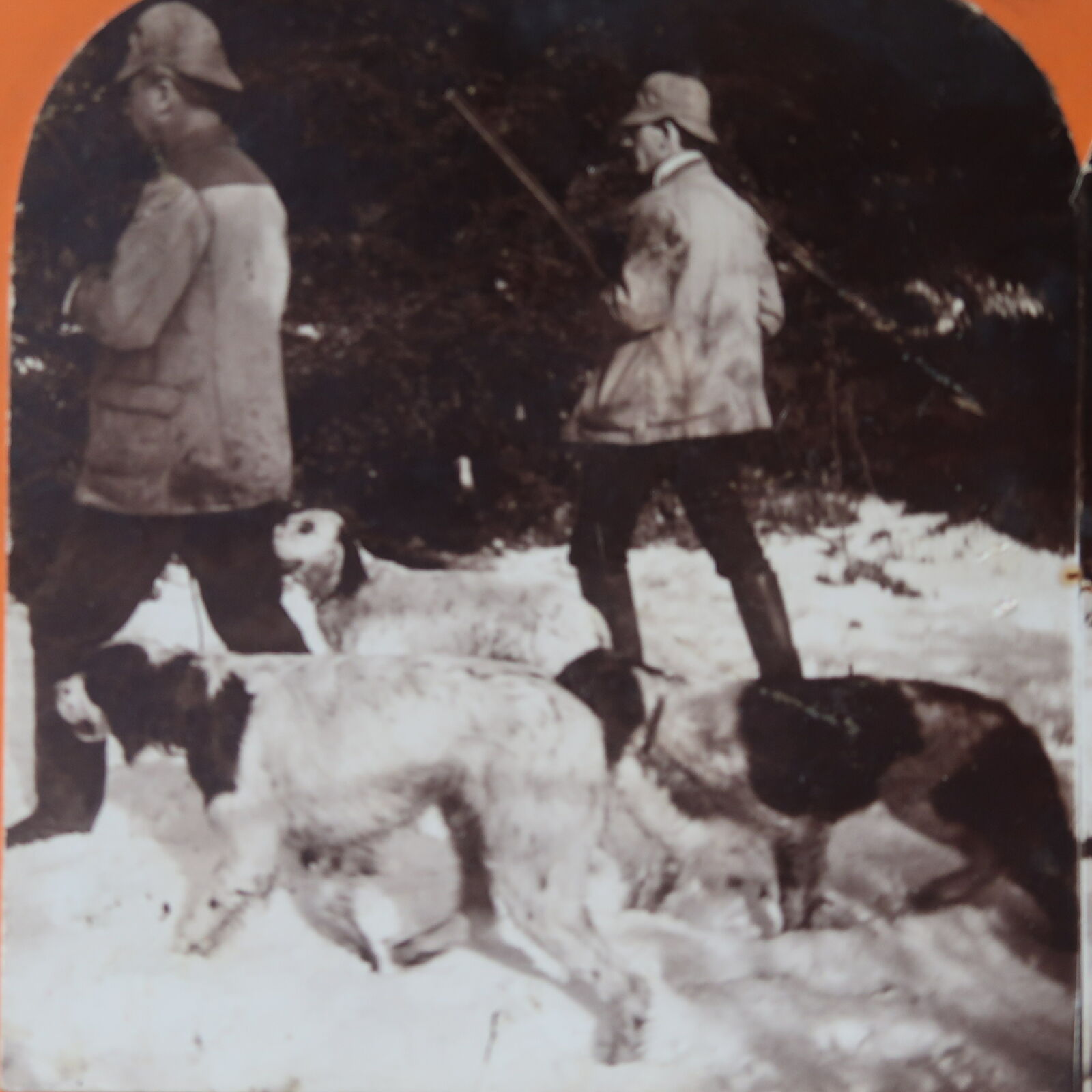 c1920 2 Hunters with Shotguns and Dogs in the Snow Stereoview Keystone View 69
