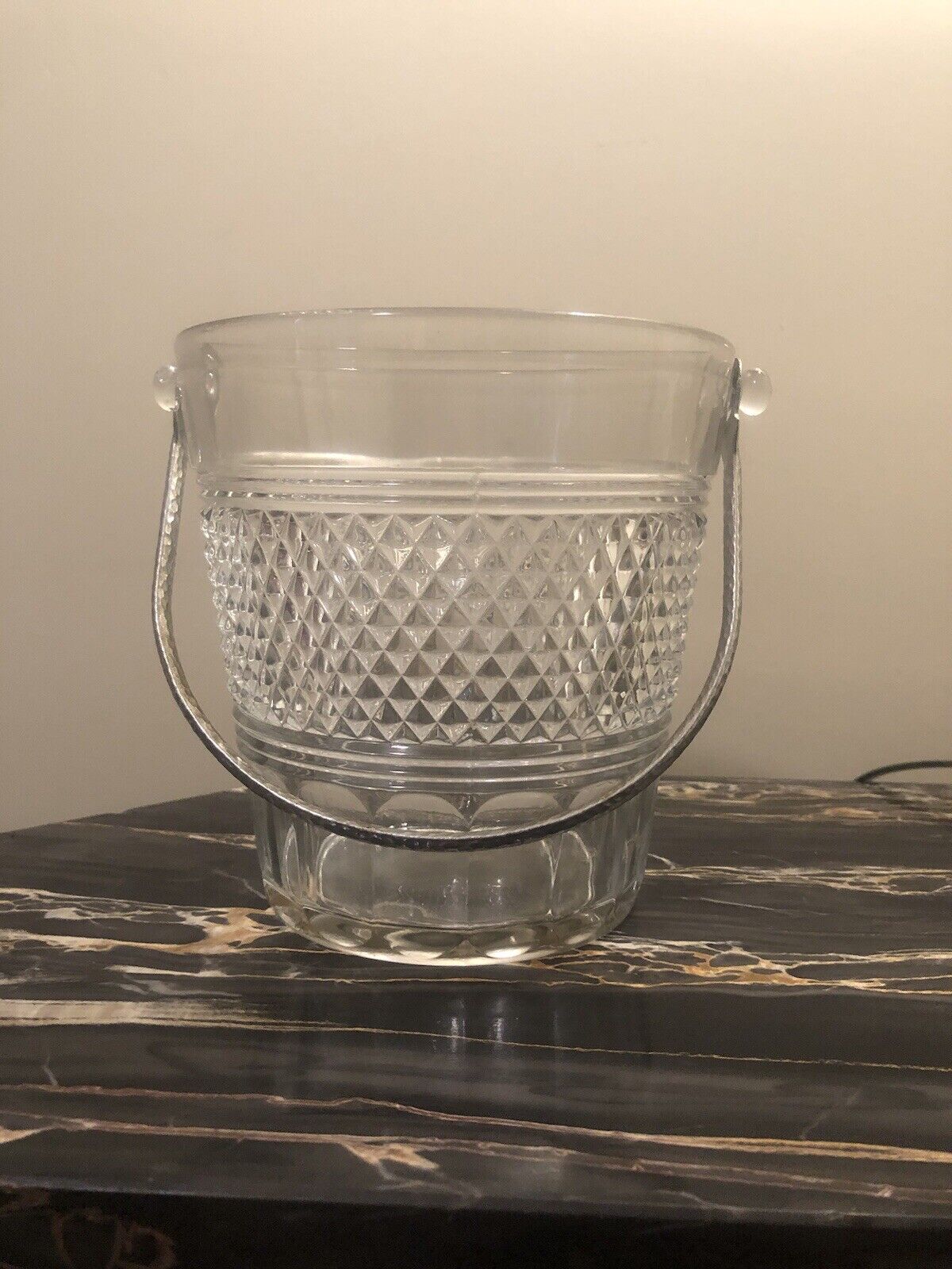 Vintage 1950s Glass Ice Bucket Diamond Point Hammered Metal Handle