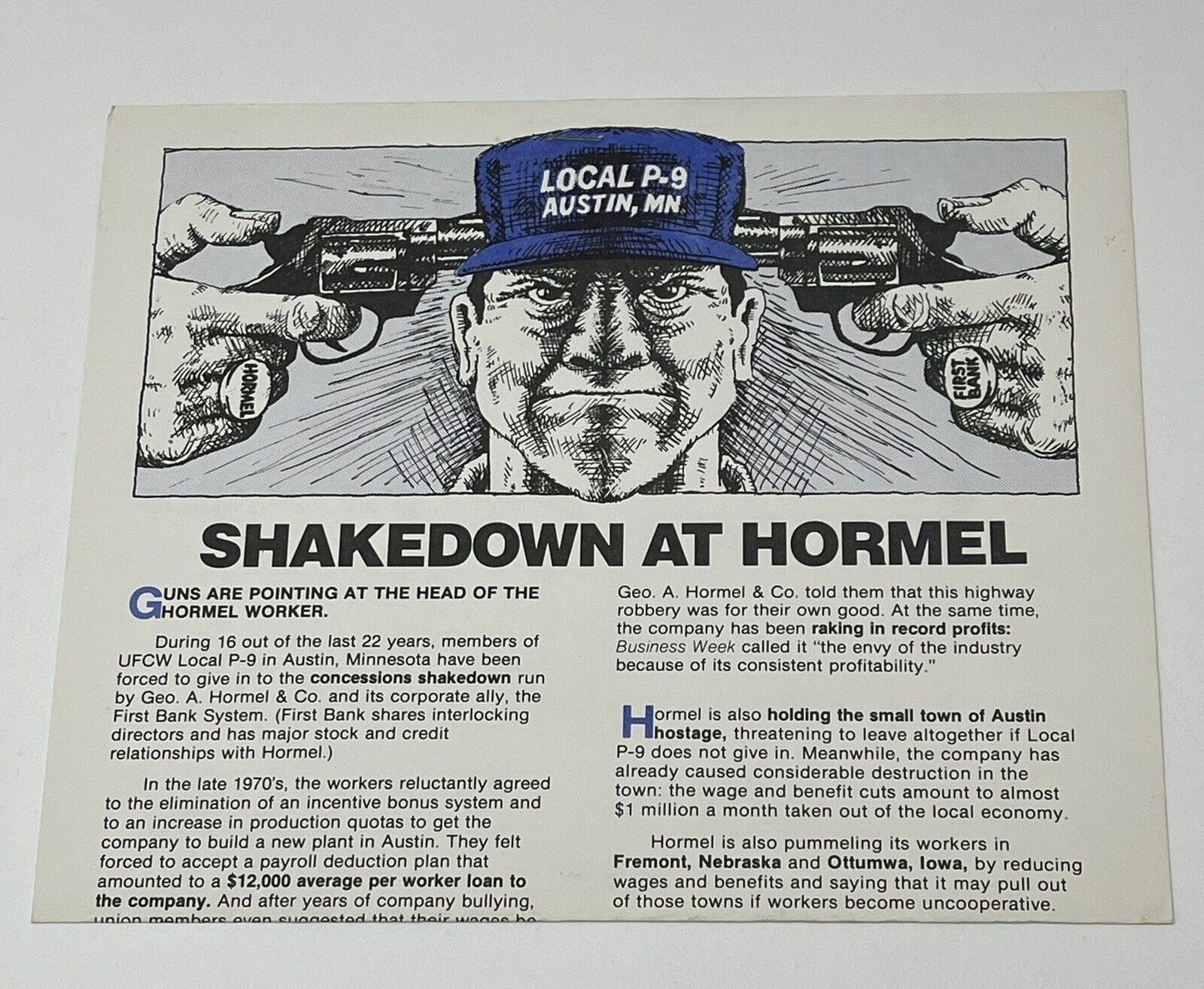1985-86 UFCW local P-9 Shakedown At Hormel Austin MN flyer donation strike