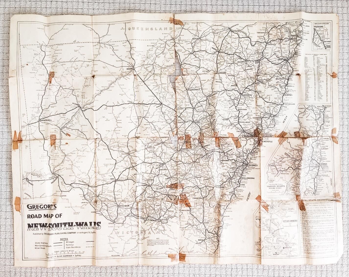 GREGORY'S ROAD MAP OF NSW VINTAGE 100x75CM LARGE FOLD-OUT 1947 CENSUS