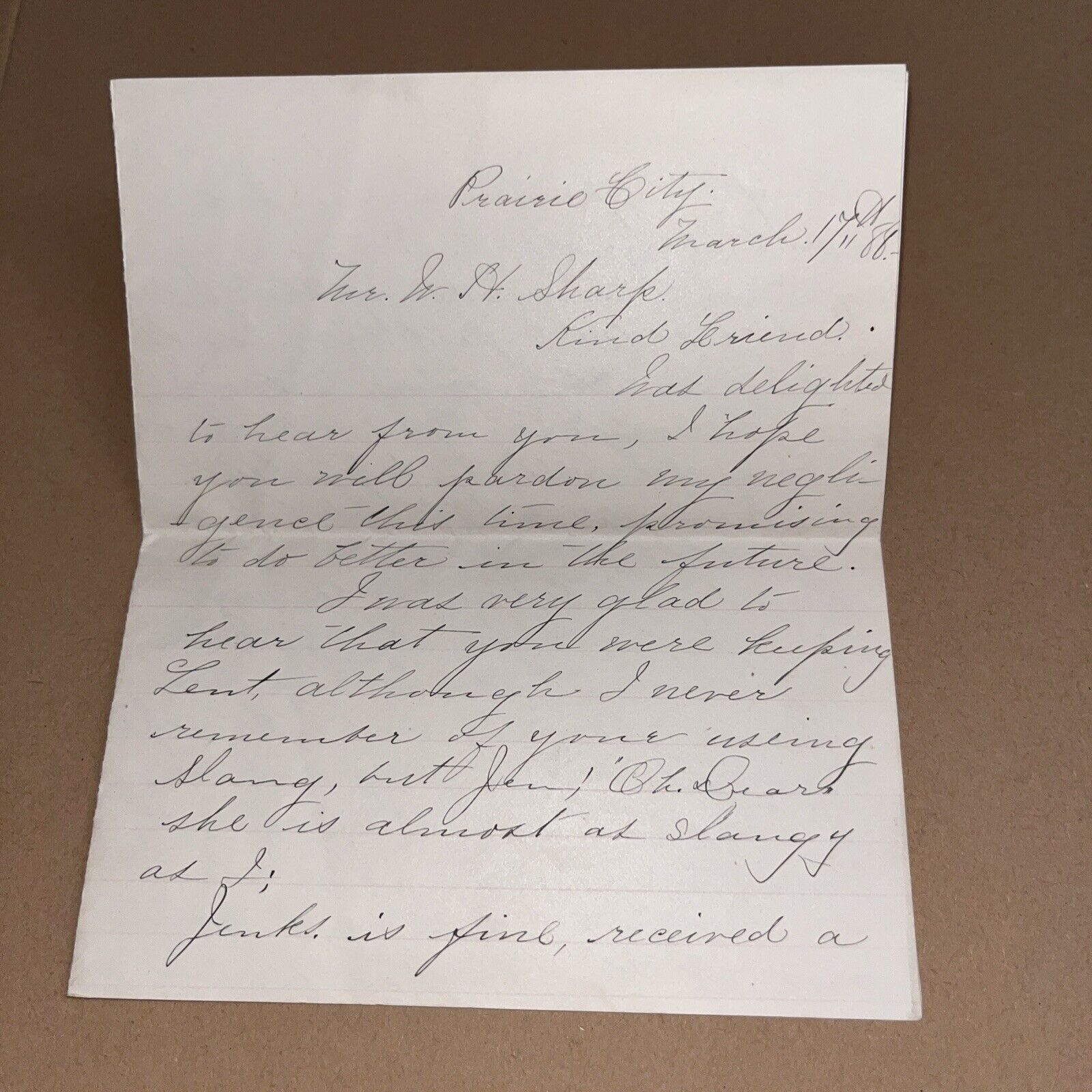1888 Letter Wishing Political Success to W H Sharp (California Military Academy)