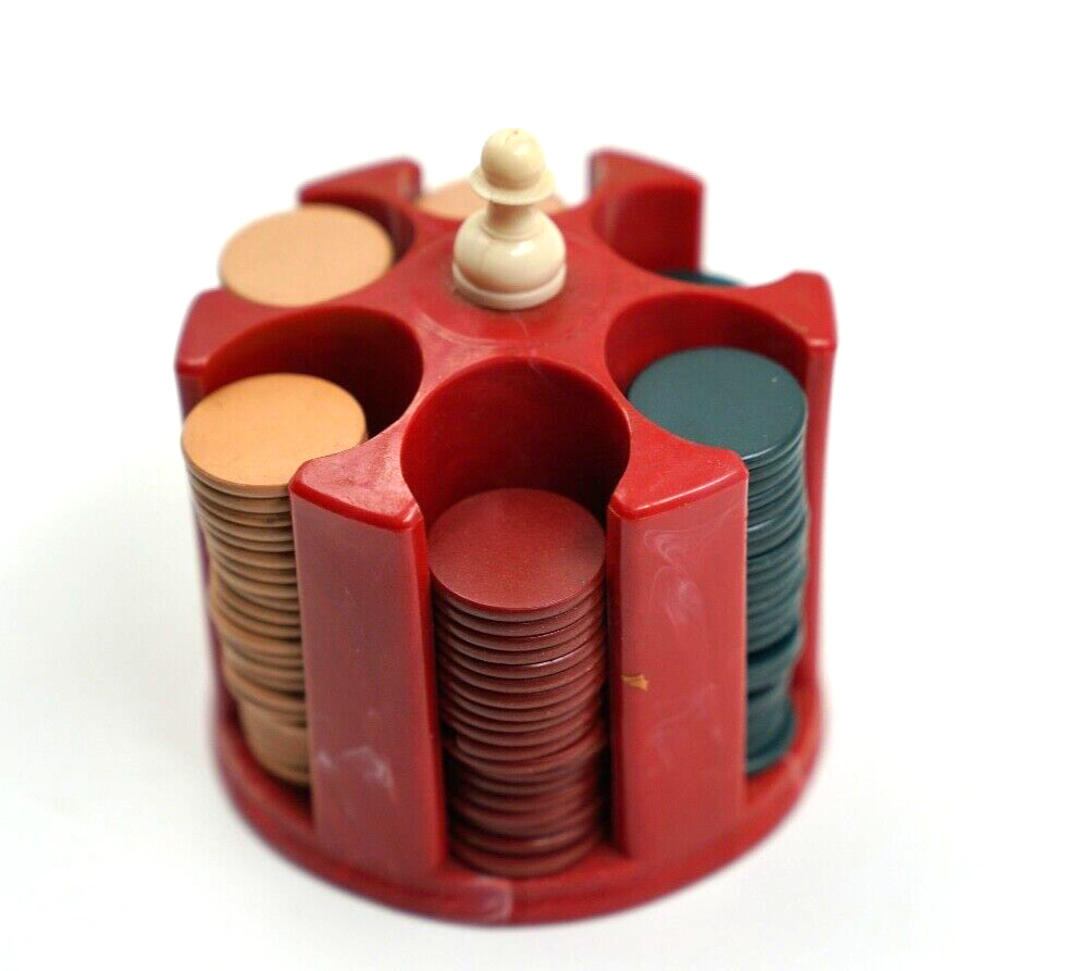 Vintage Swirled Red Mini Pawn Poker Chip Holder Caddie W/ Clay Poker Chips