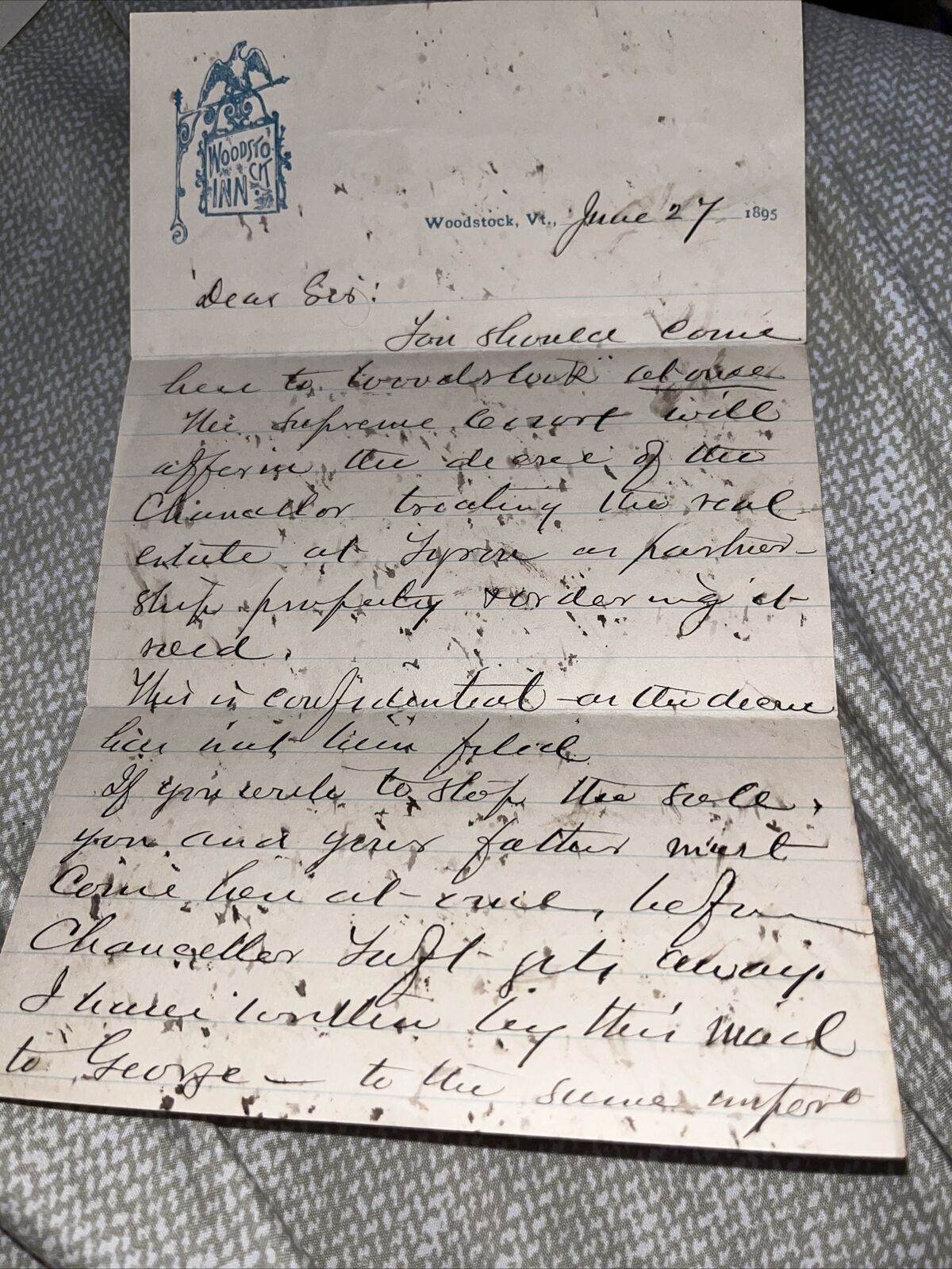 1895 Gilbert Davis Letter: Woodstock Inn Letterhead Felchville Vermont Attorney