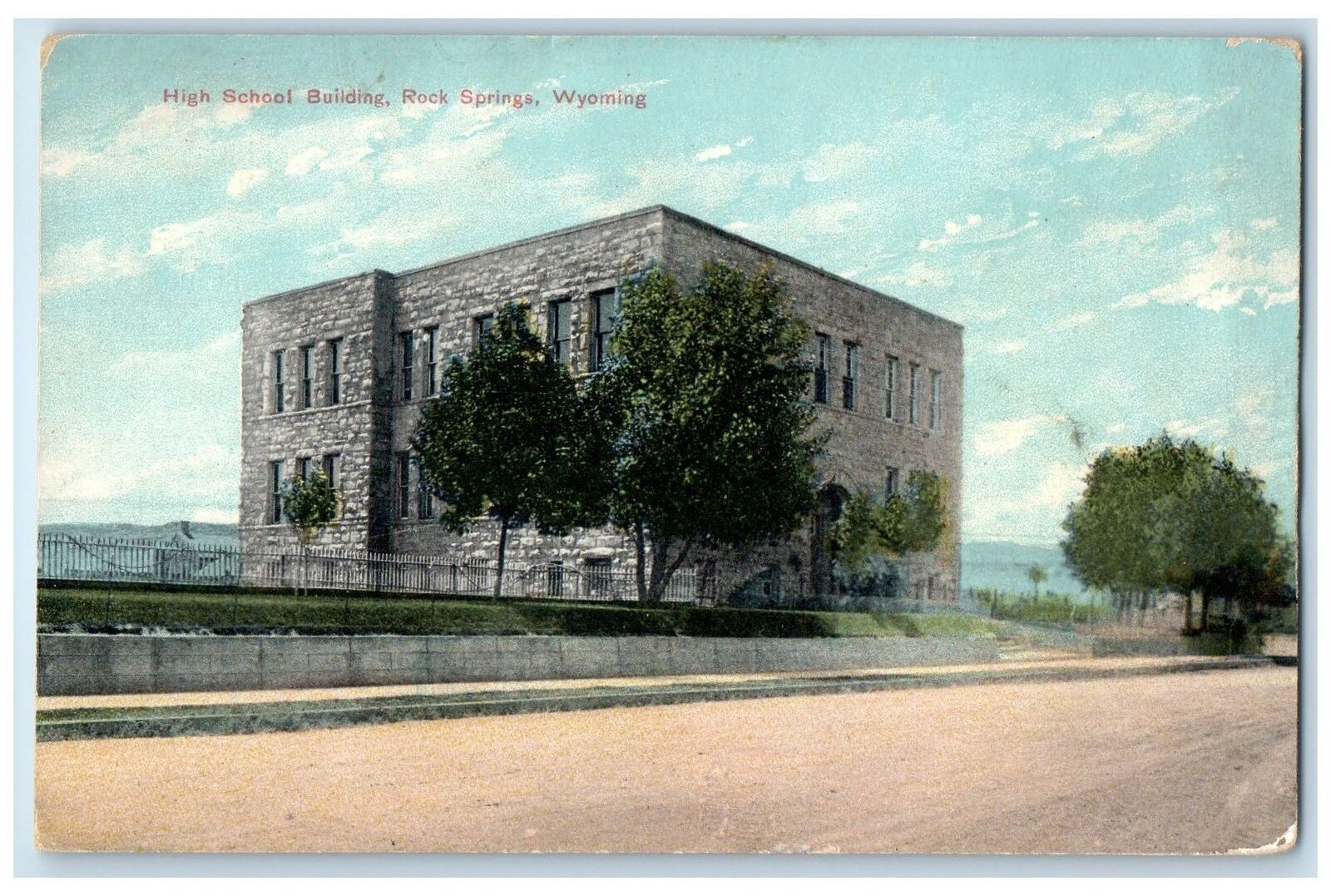 c1910's High School Building Exterior Rock Springs Wyoming WY Trees Postcard