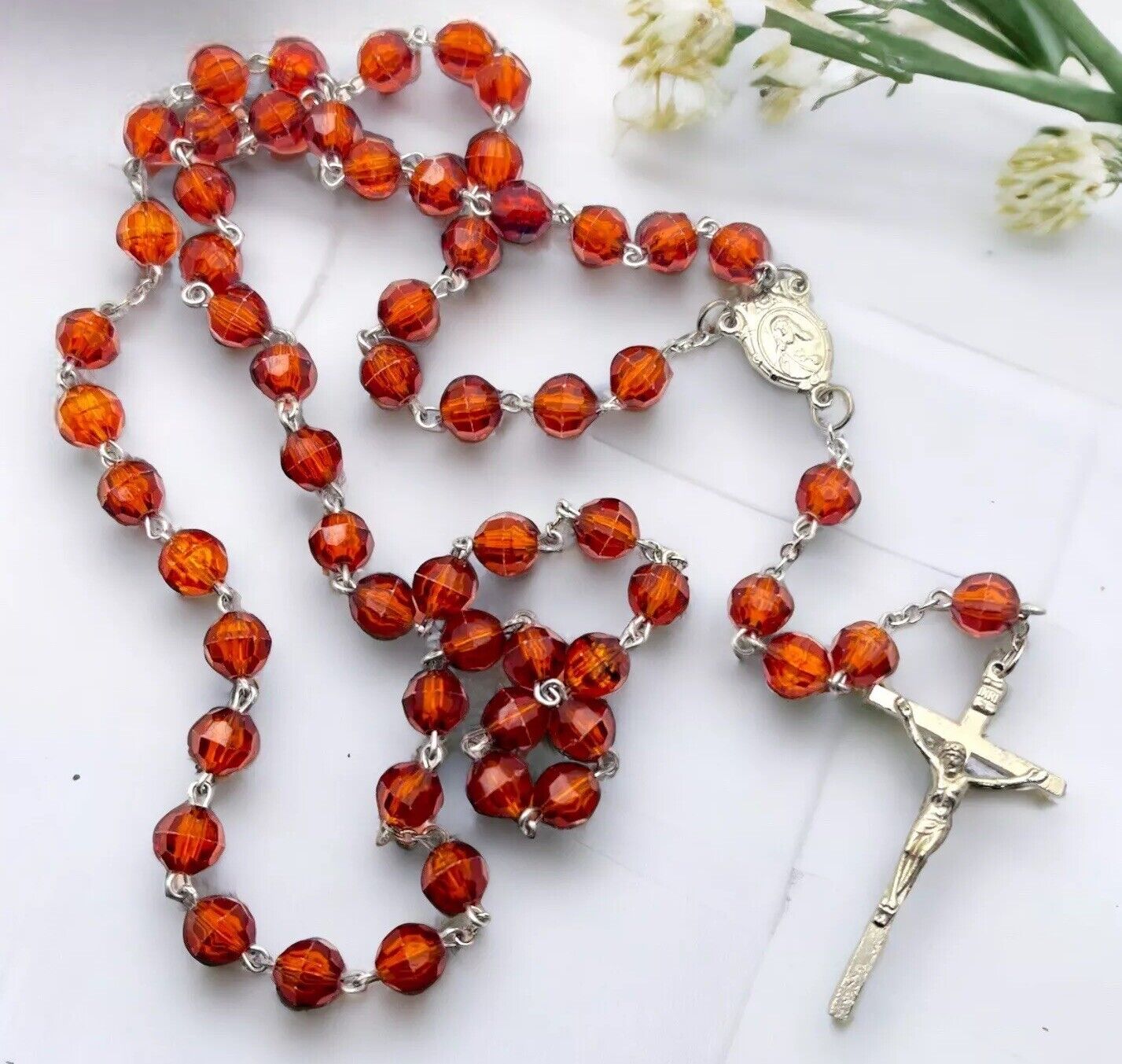 Vintage 1950s Topaz Faceted Glass Bead Rosary Silver Crucifix & Mary Medallion