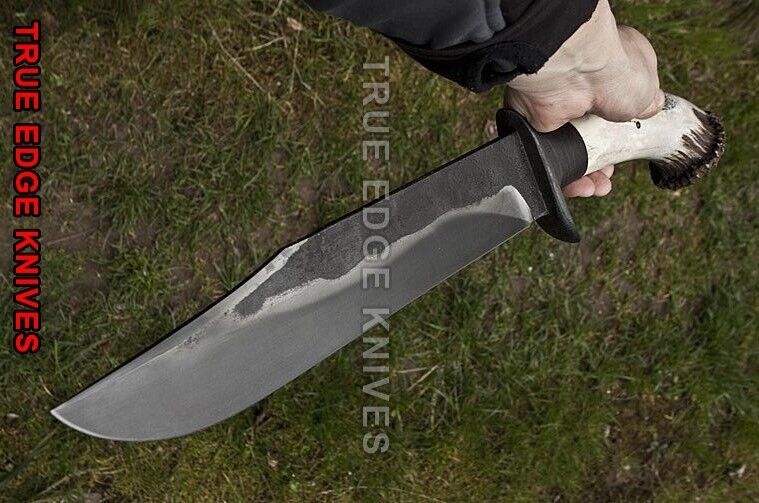 Handmade Carbon Steel Hunting Big Bowie Knife with Stag Handle Leather Sheath 