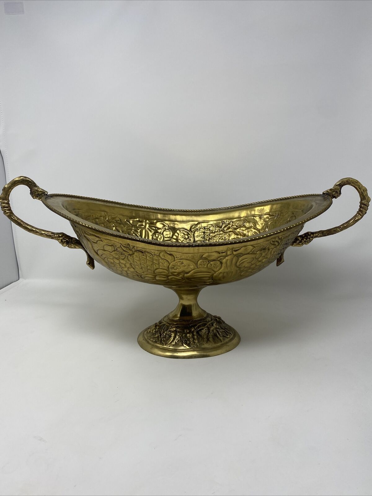 Vintage Mid Century Huge Ornate Brass Bowl With Handles Fruit Design