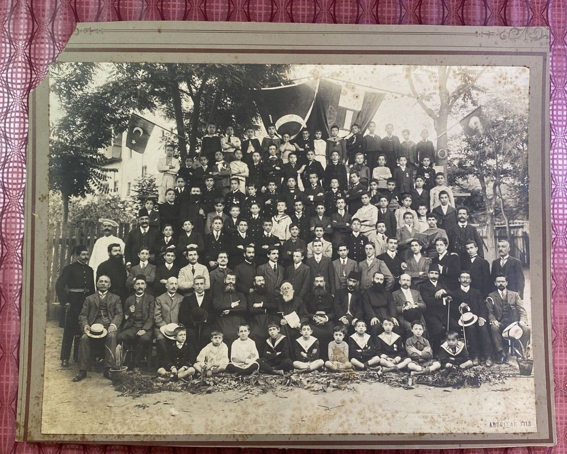 old PHOTOGRAPHE .. ARMENIAN TEACHERS & PRIESTS & STUDENTS School .. italian flag