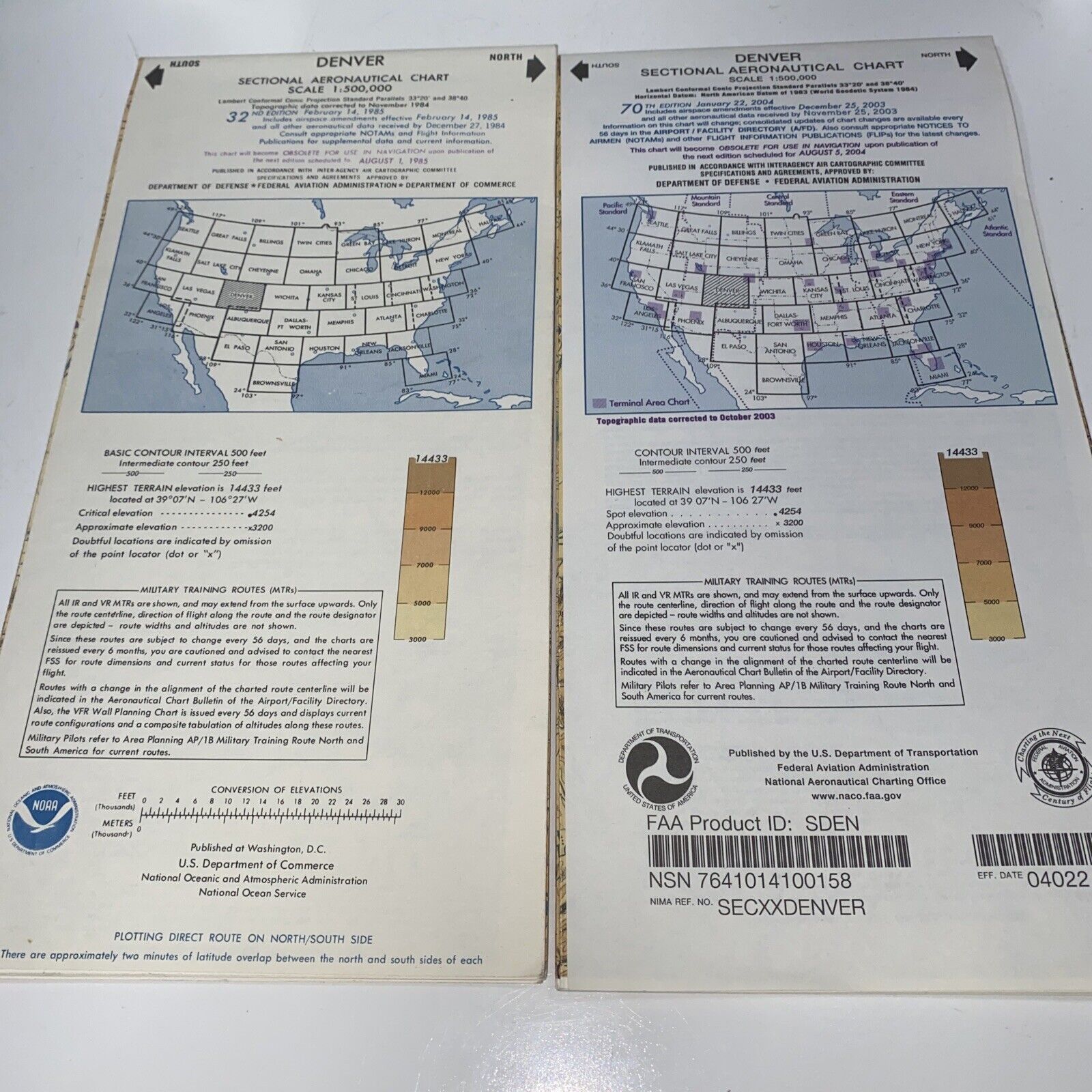 NOAA  Denver Sectional Aeronautical Charts Scale 1:500,000 32nd Edition & 70 Th 