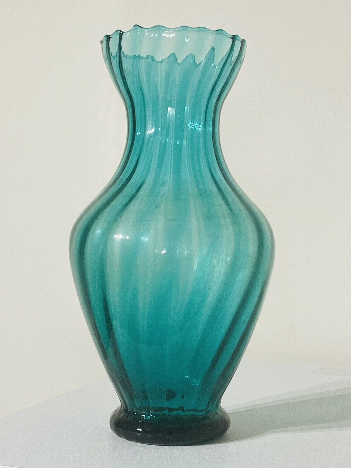 Vintage Swirled Teal Art Glass Vase Rippled Top