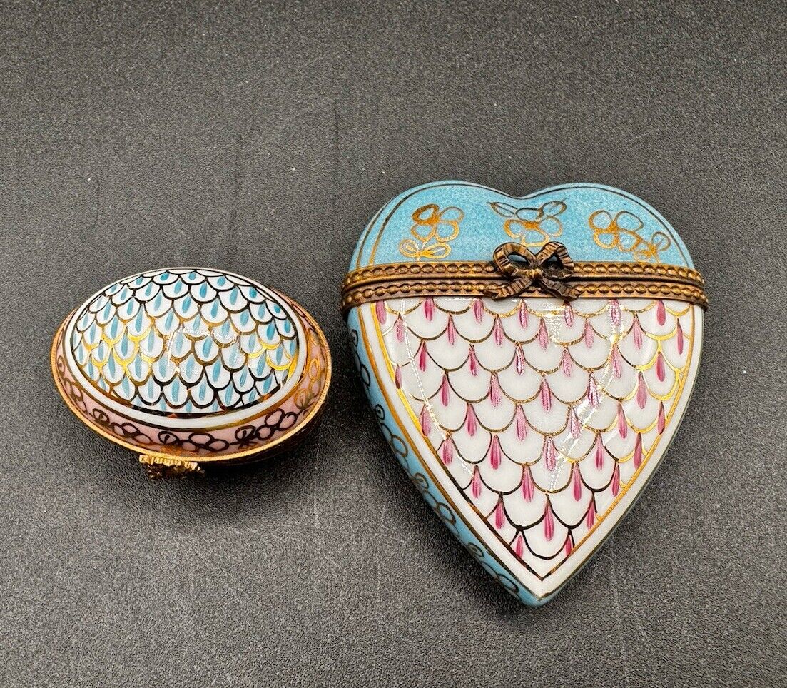 Vintage Limoges Set of 2 Heart and Egg Pink/Gold Porcelain Trinket Ring Boxes