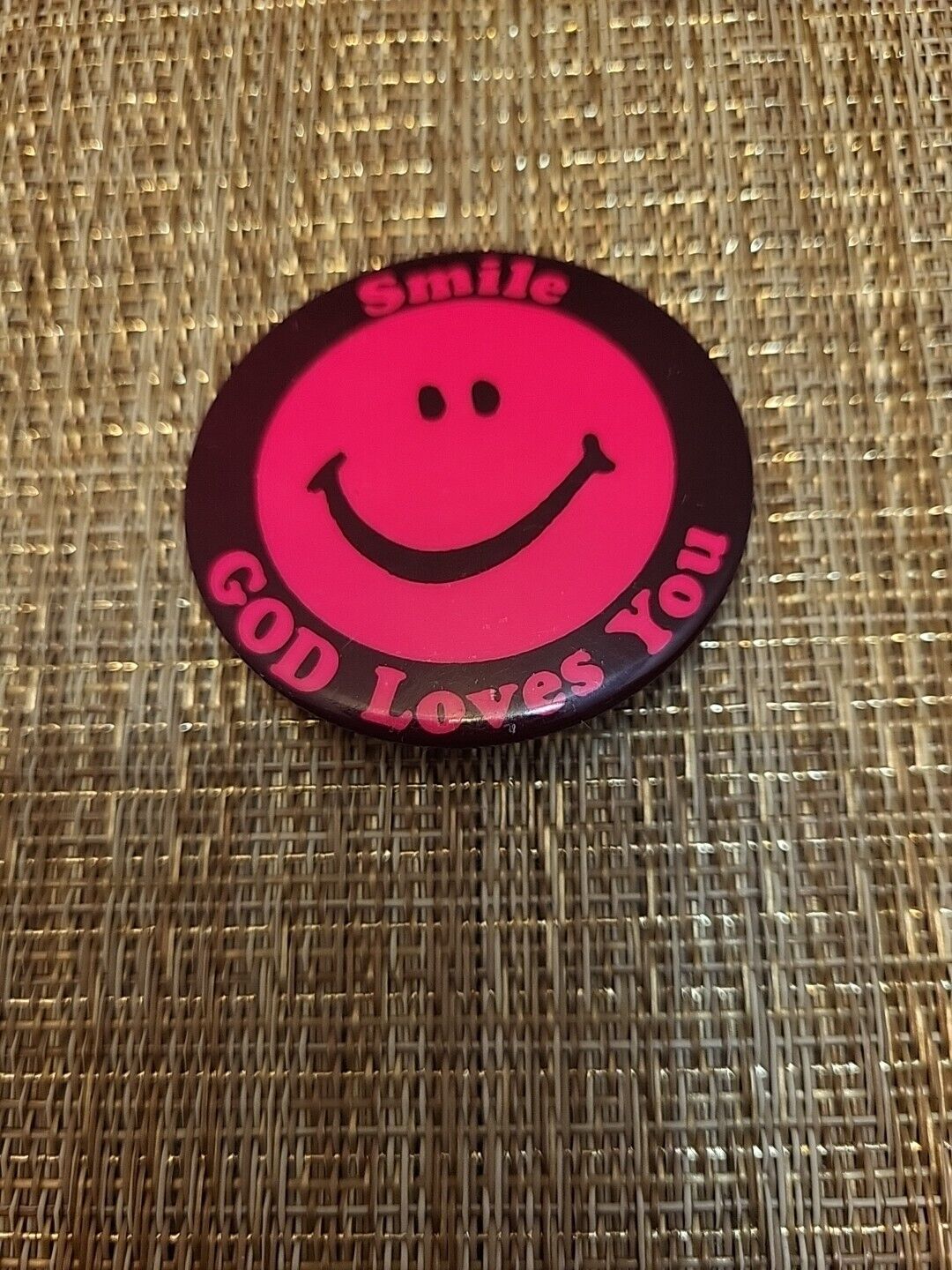 Vintage Pinback Button- Smile God Loves You PINK Smiley Face