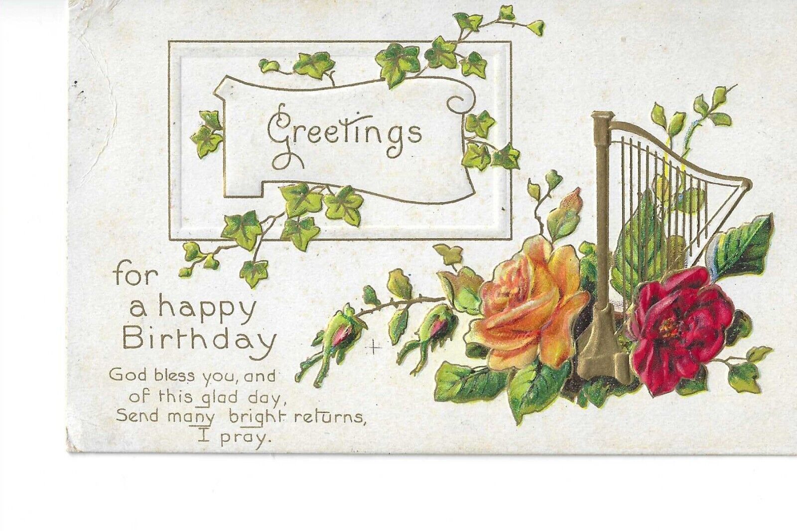 Vintage Postcard, Greetings for a happy Birthday, Embossed 