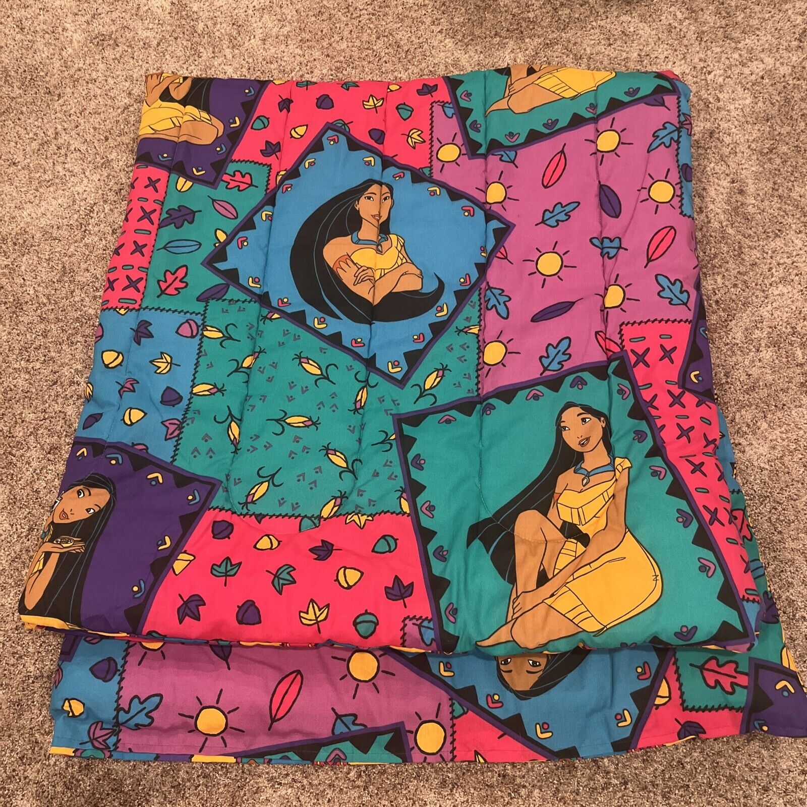 Vintage 90s Disney Pocahontas Reversible Comforter Blanket 74x83” Bright Vibrant